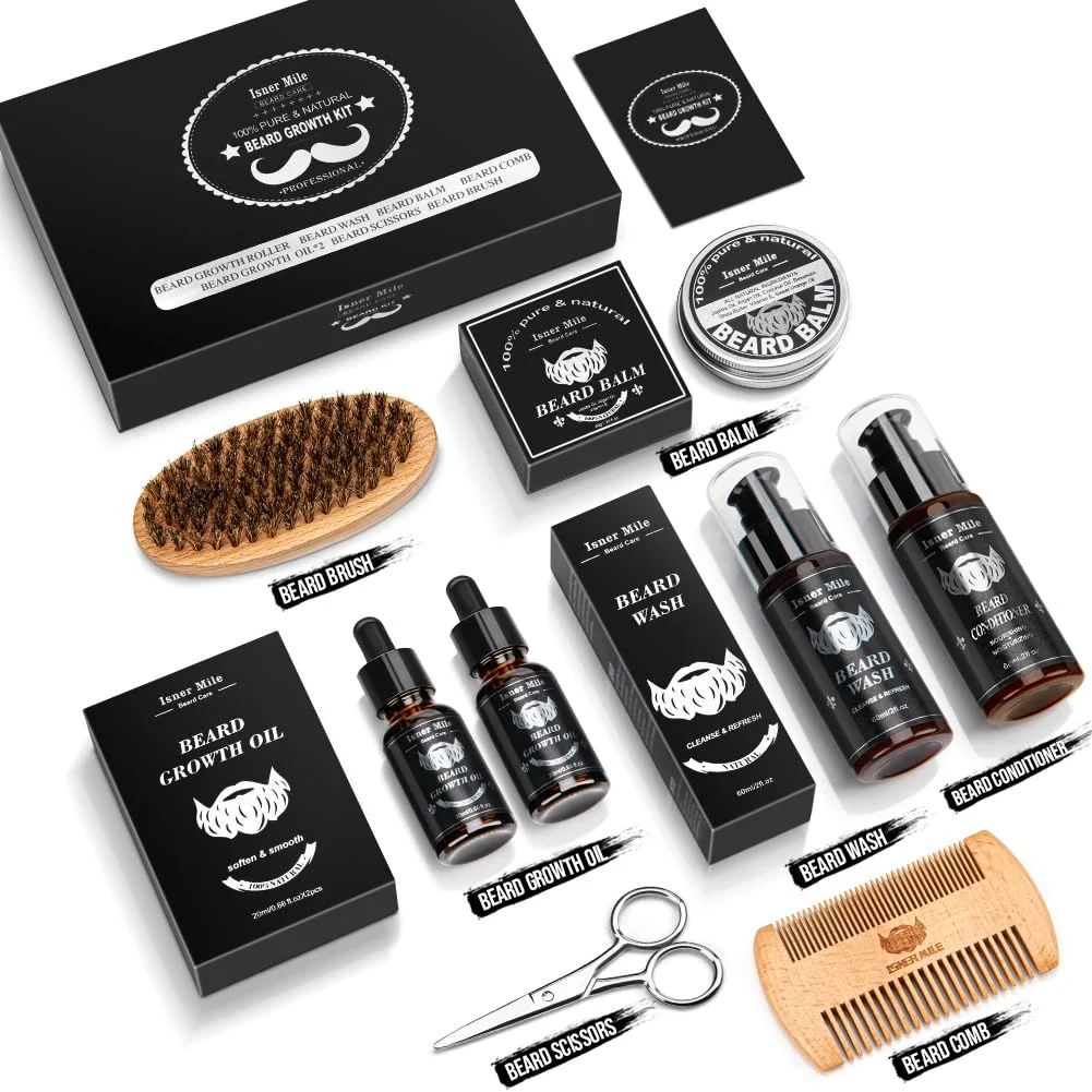 Beard Grooming Kit, Beard Kit with 2 Pack Beard Original Oil,Beard Brush,Wash Conditioner for After Shave Lotions,Balm,Combs,Razor & Brush Stands Scissor, Christmas Fathers Gifts for Men
