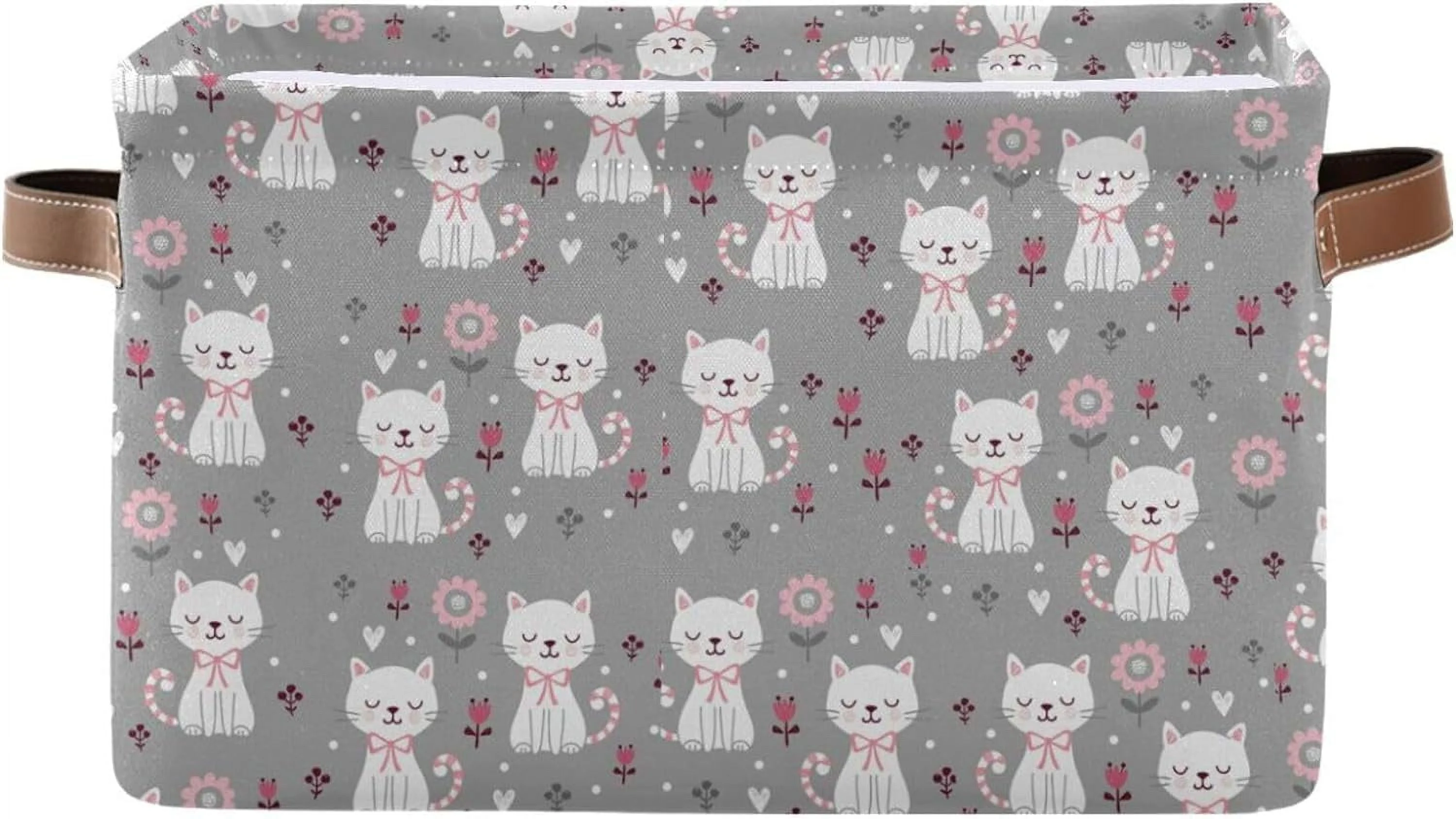 Coolnut 1 Pack Fabric Storage Basket Cute Cat Flower Closet Storage Bins with Handles Foldable Baskets for Shelves Toy Organizer Home Office Decor Gifts