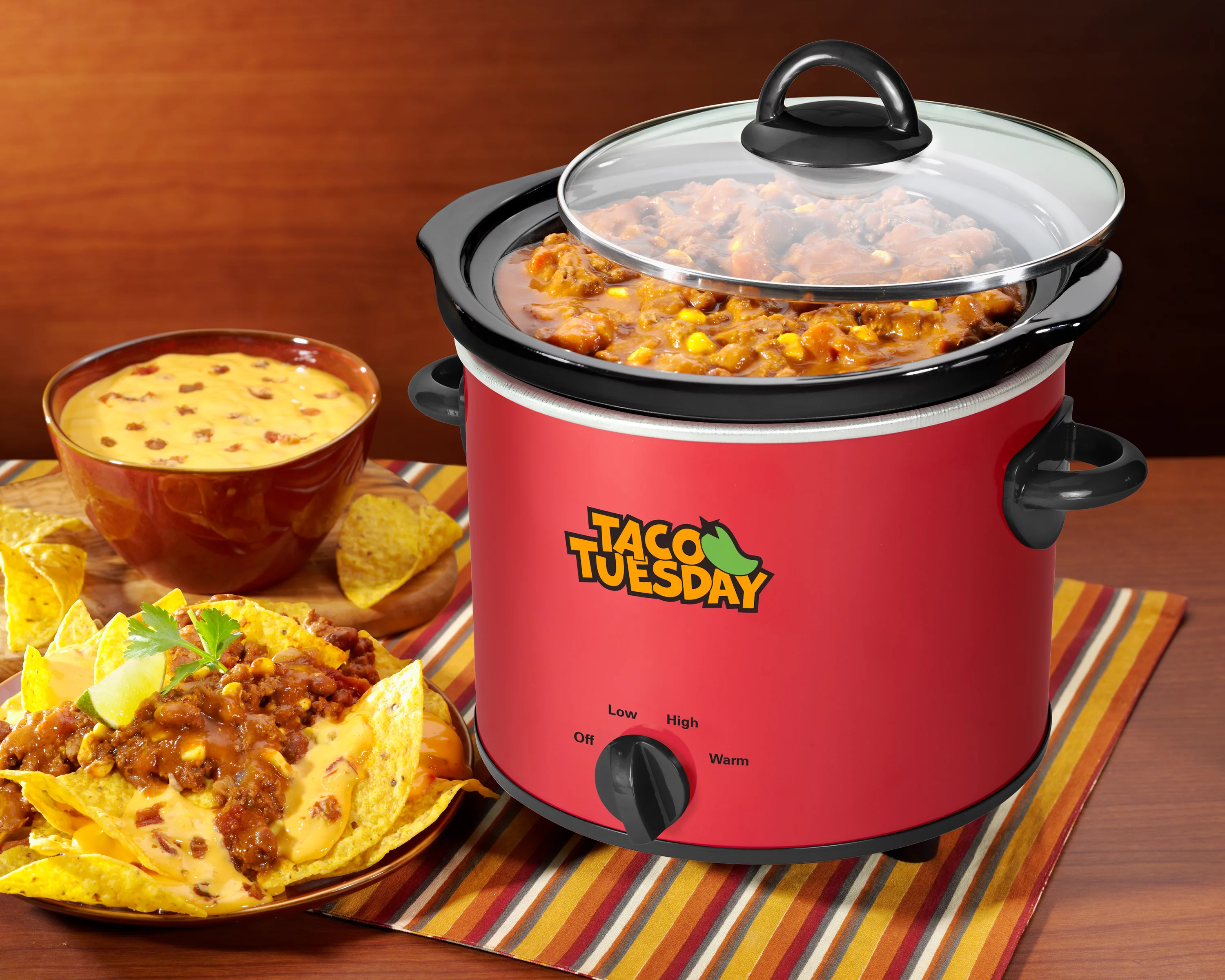 Taco Tuesday TTRDP2RD 2-Quart Fiesta Slow Cooker With Tempered Glass Lid, Cool-Touch Handles, Removable Round Ceramic Pot