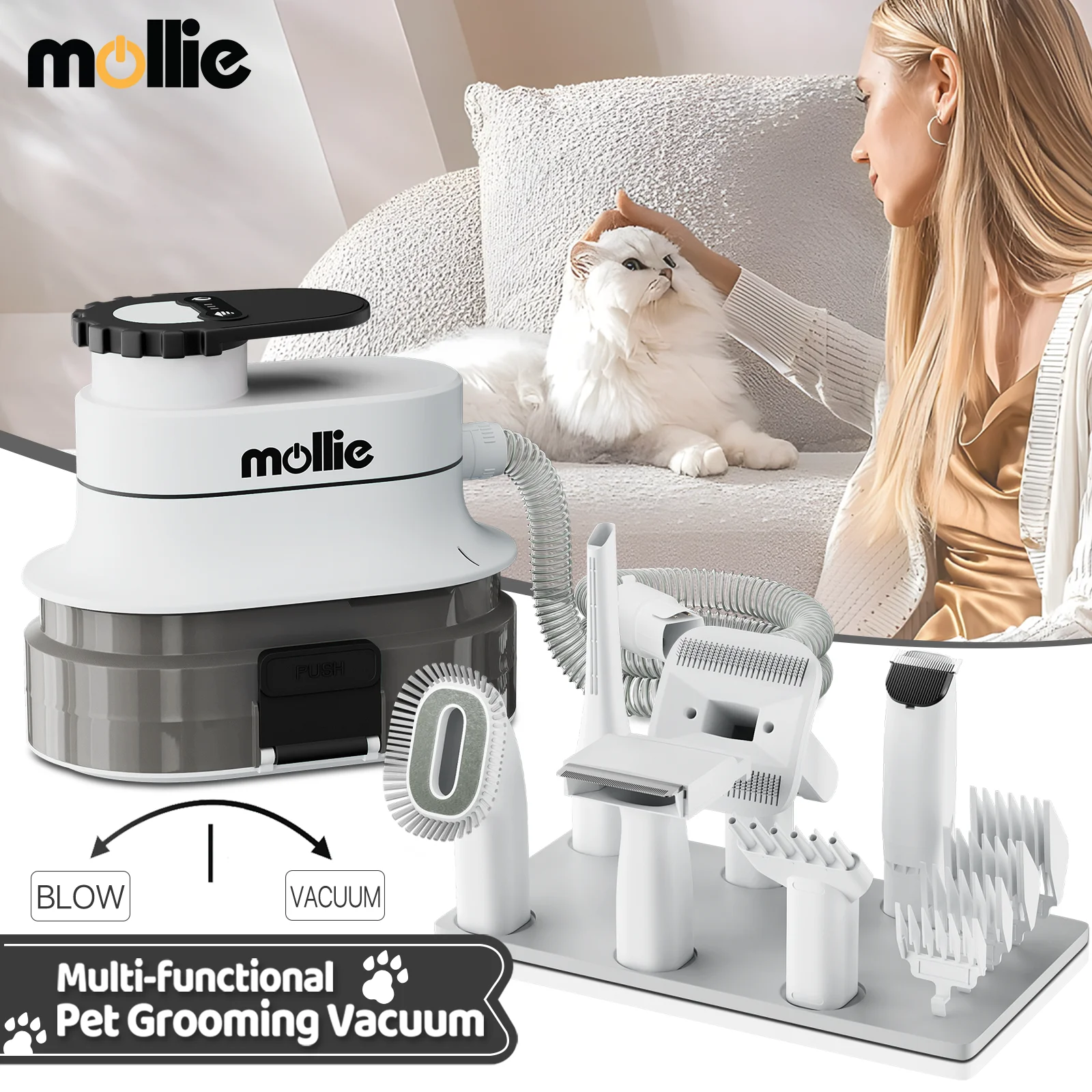 mollie Dog Grooming Kit & Vacuum & Blow Dryer, Pet Grooming Vacuum with 6 Grooming Tools & Trimmer & Guide Combs, Christmas Gift for Dog Cat and Other Animals, Black