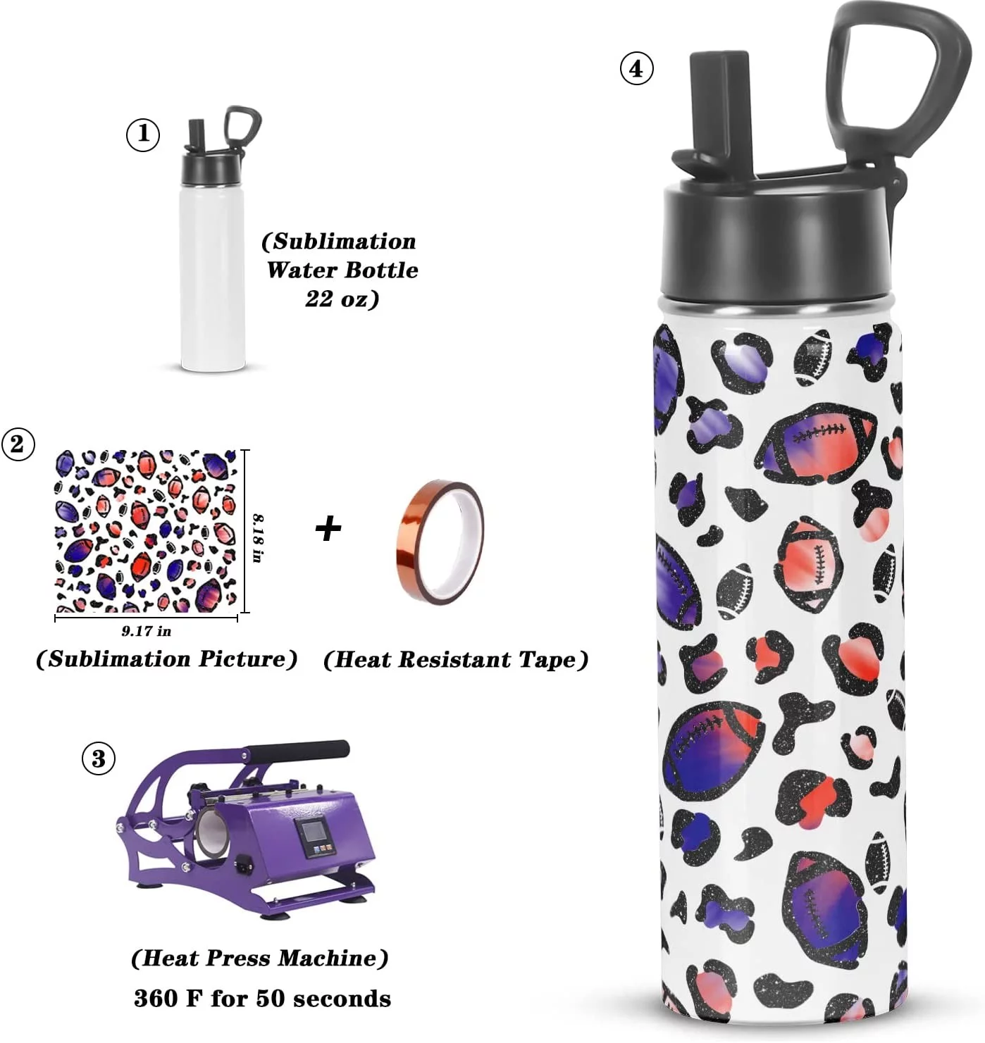 Sublimation Sports Water Bottle blanks, 22 Oz Sublimation Tumblers, Double Wall Stainless Steel Sports Water Bottle Flask with Portable Handle, Individually Boxed (8 Pack)