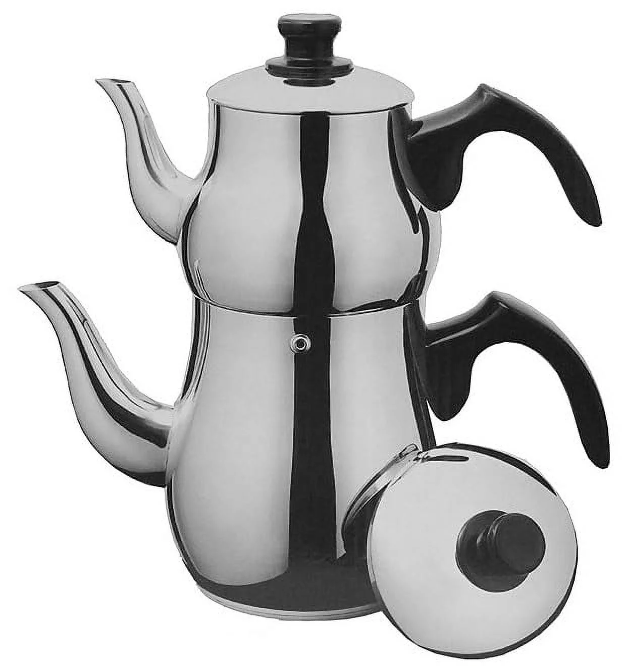 Traditional Long Persian Middle Eastern Arabic Turkish Induction Double Tea Kettle Thick Heavy Stainless Steel Glass Top Teapot 2-Pc Set 2.5-Liter + 1 Liter Pot Samovar Chai