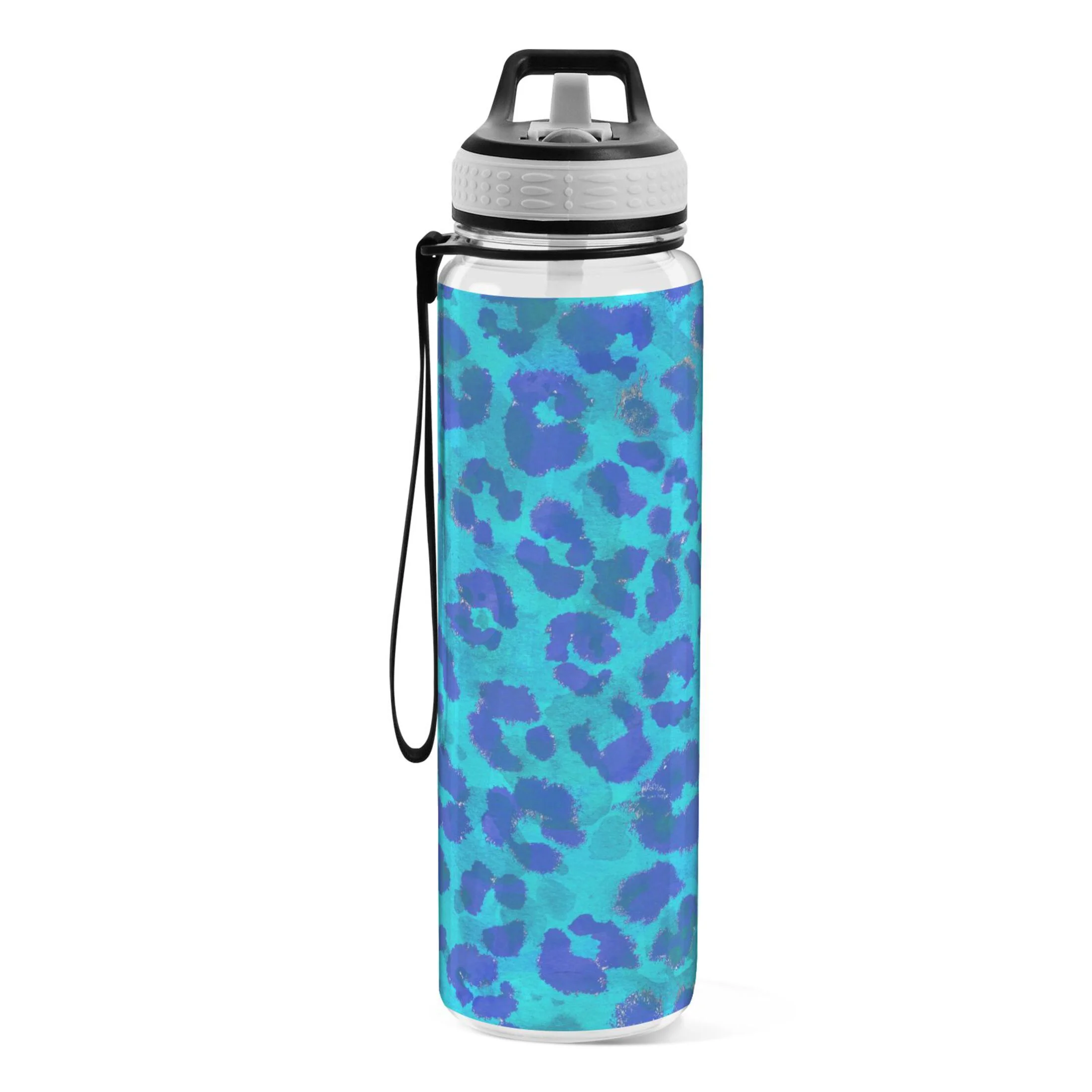 Cheetah Blue Leopard 32oz Water Bottles with Straw Tritan Leakproof Sports Bottle BPA Free Clear for Fitness Gym Swimming Cycling