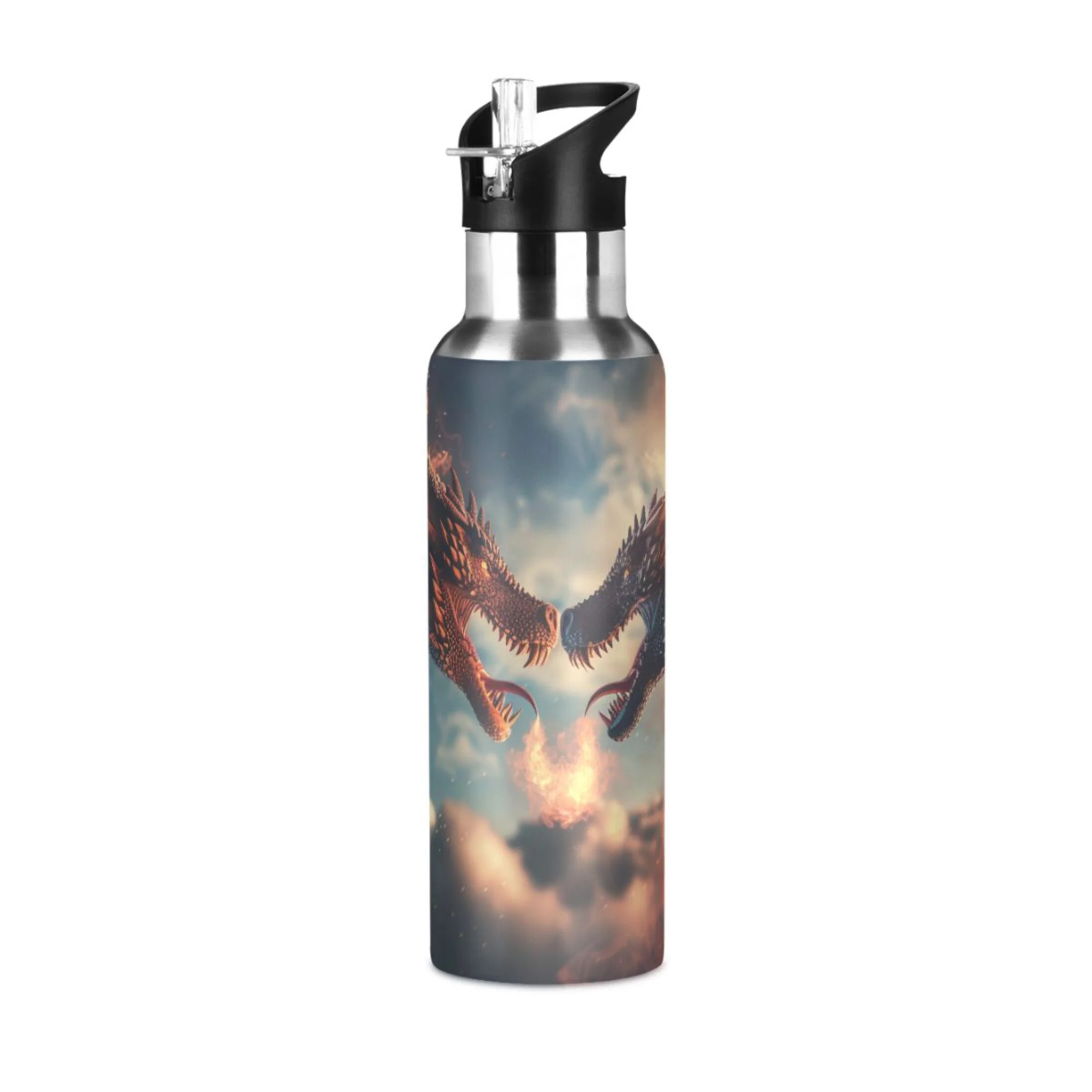 Two Dragons Fire in Sky Water Bottles Insulated Thermos Kids Stainless Steel Bottle with Straw Lid Flask Leakproof for Sports Gym 20 oz
