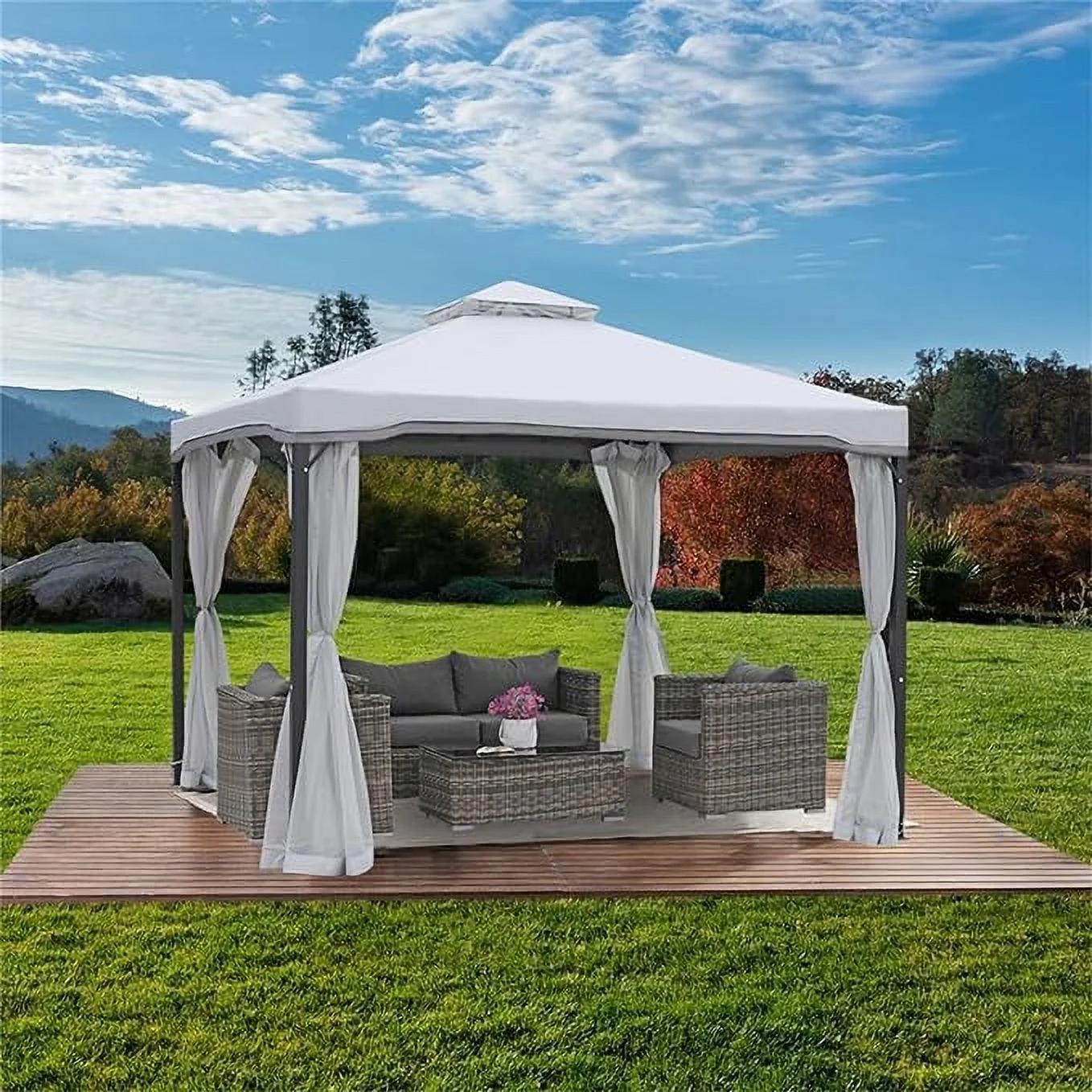 10x10 Softtop Metal Grill Gazebo with Mosquito Net&Sunshade Curtains,Heavy Duty Double Roof Canopy,Galvanized Steel Design Outdoor Tent,Suitable for Gardens,Patio,Backyard