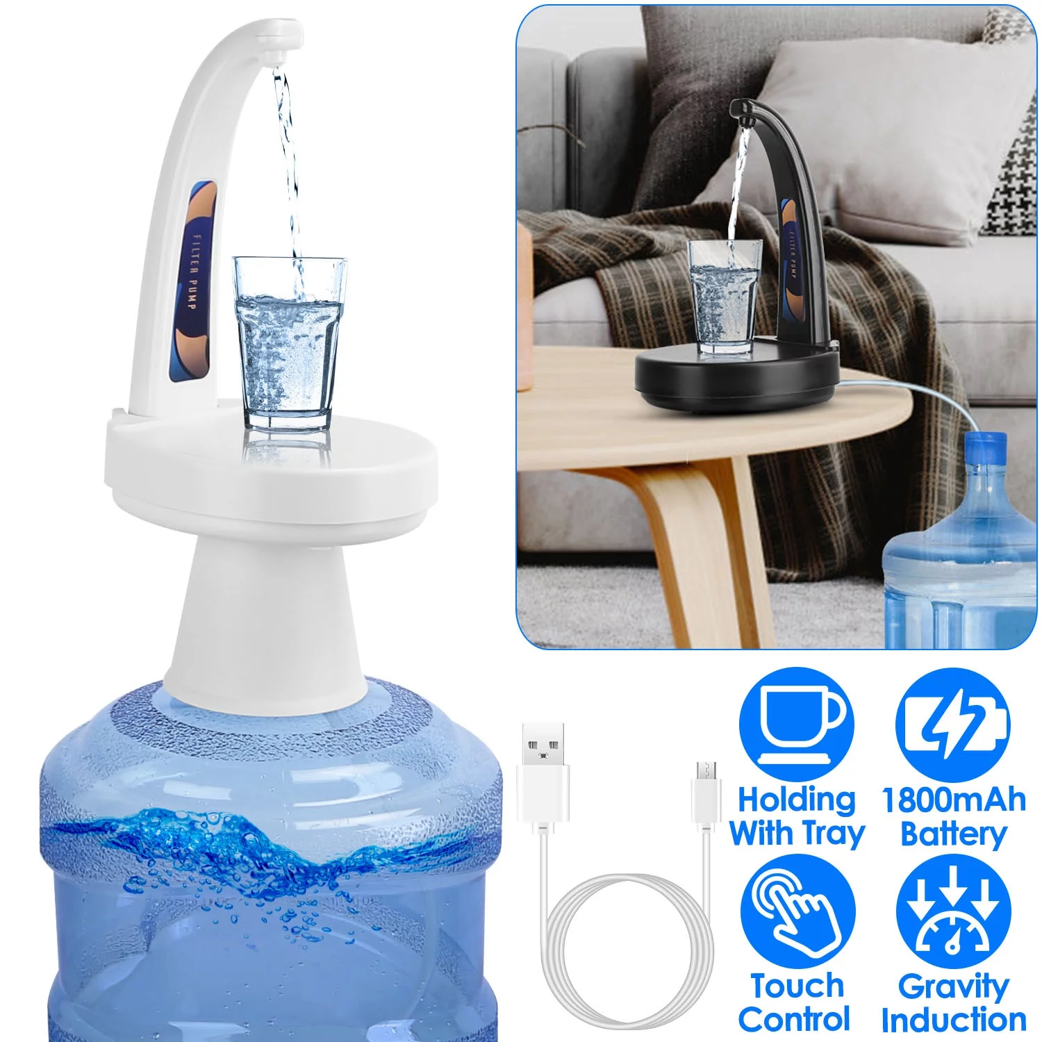 Desktop Water Bottle Dispenser, Portable Electric Water Bottle Pump, iMounTEK USB Rechargeable Automatic Drinking Water Pump for 5 Gallon, Water Jugs Pump for Home Kitchen Office Outdoor(White)