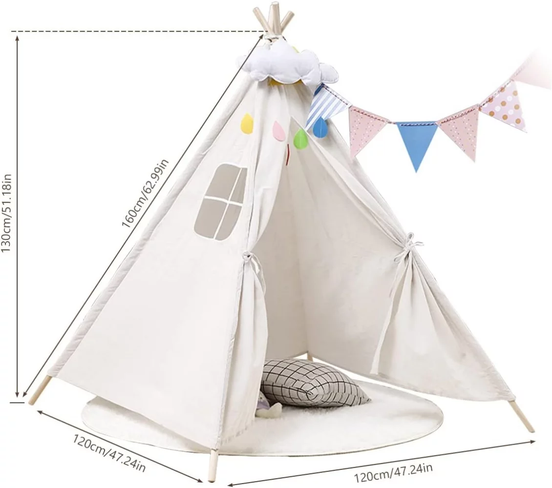 Kids Teepee Tent, Natural Cotton Canvas Children Tent - Boriyuan Washable Foldable Teepee Tent for Kids Indoor Tent, Outdoor Play Tent for Girls & Boys (White)