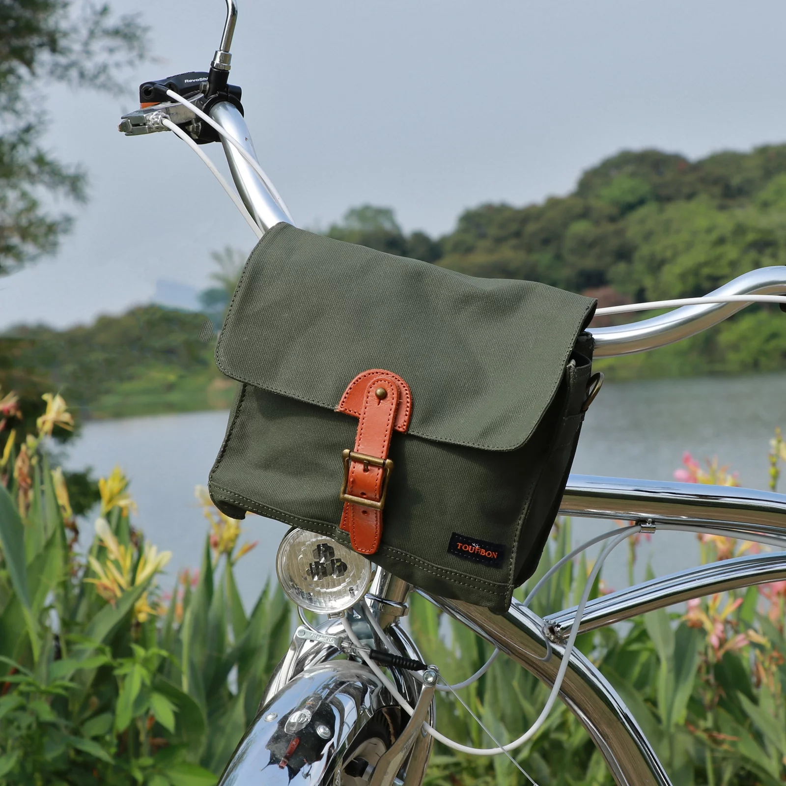 TOURBON Waterproof Waxed Canvas Bicycle Handlebar Bag Green Bike Front Tube Basket Pannier Messenger Pack Outdoor Accessories