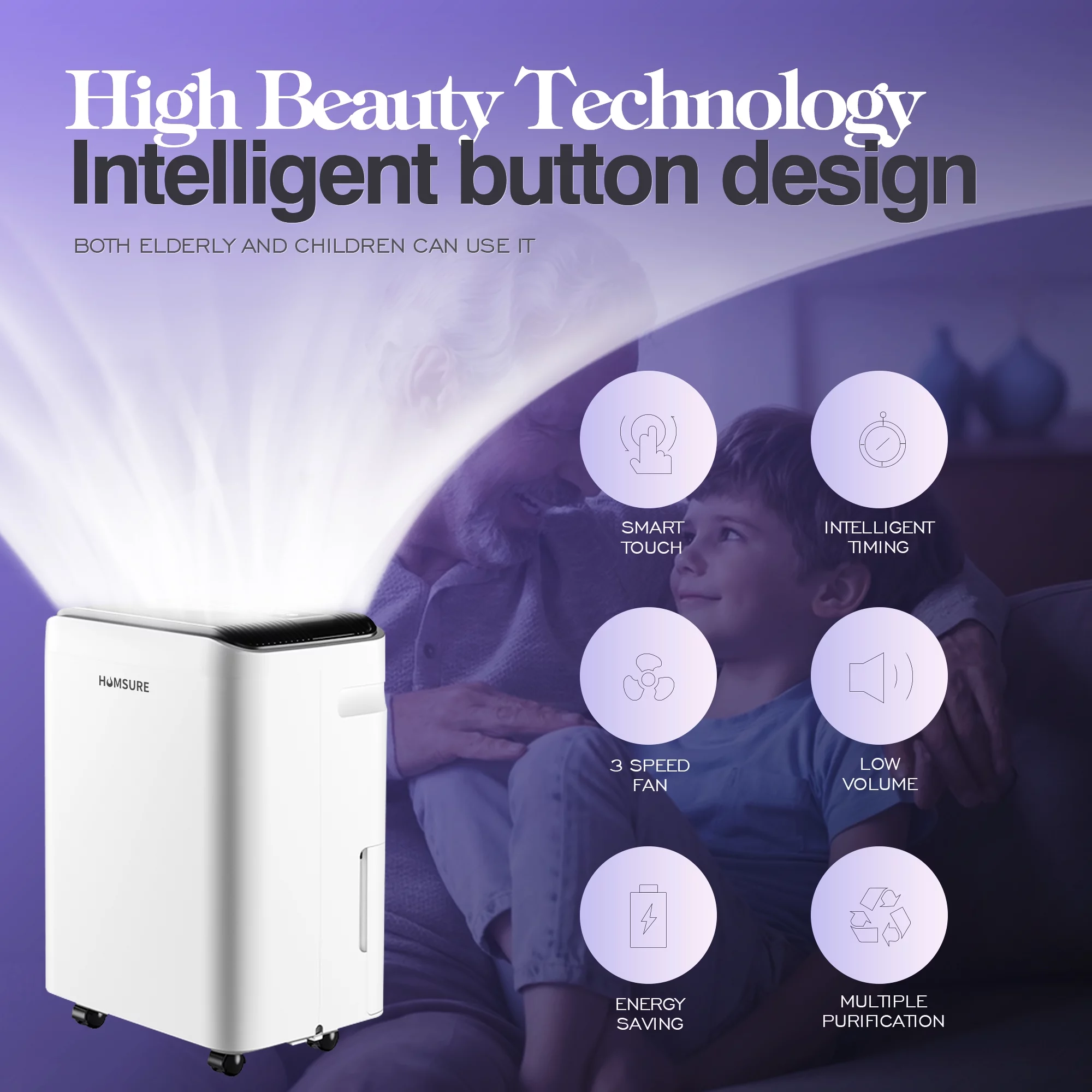 Humsure Dehumidifier 70 Pints 4500 sq ft Large Household, Equipped With Drainage Hoses, Intelligent Touch Control, And Low Noise Dehumidifier, 24-Hour Timer