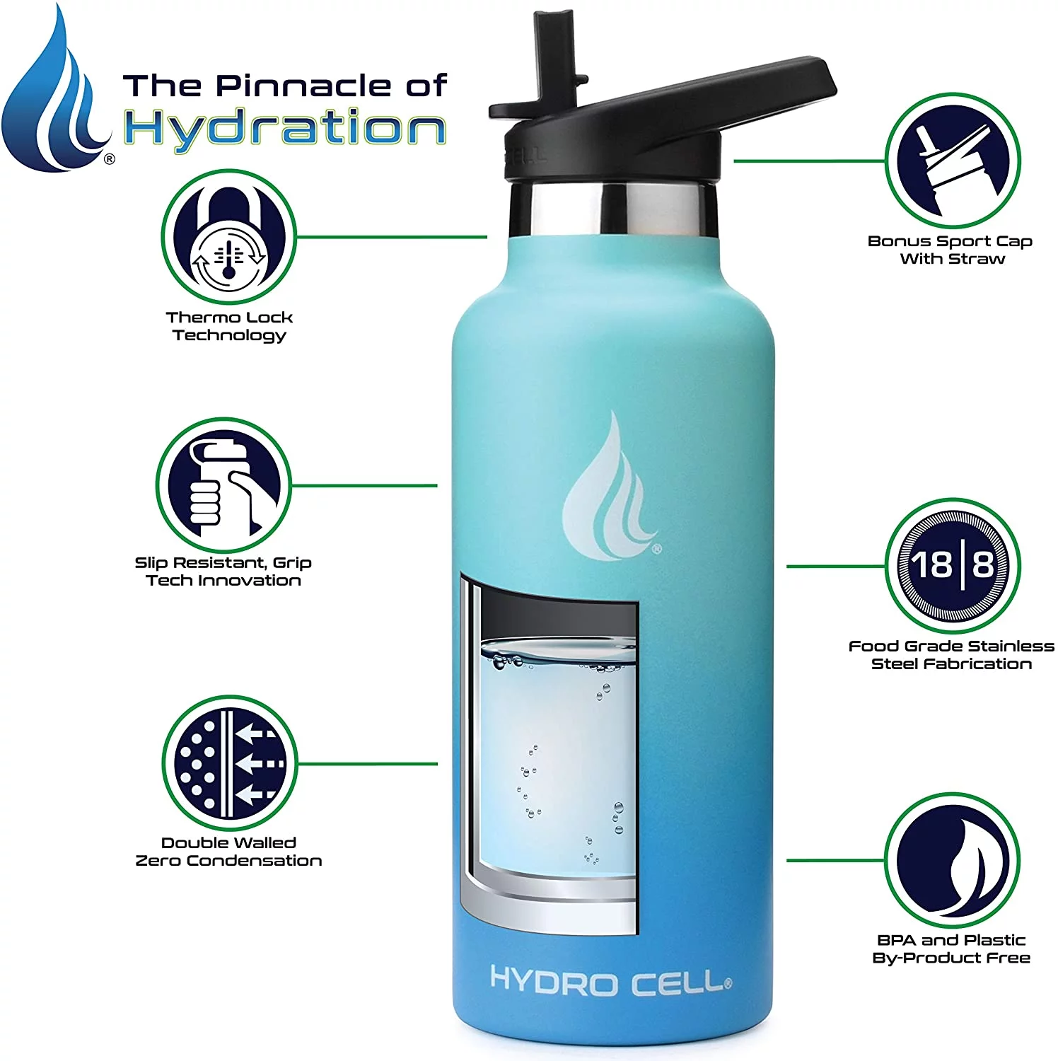 HYDRO CELL Stainless Steel Water Bottle w/Straw & Standard Mouth Lids