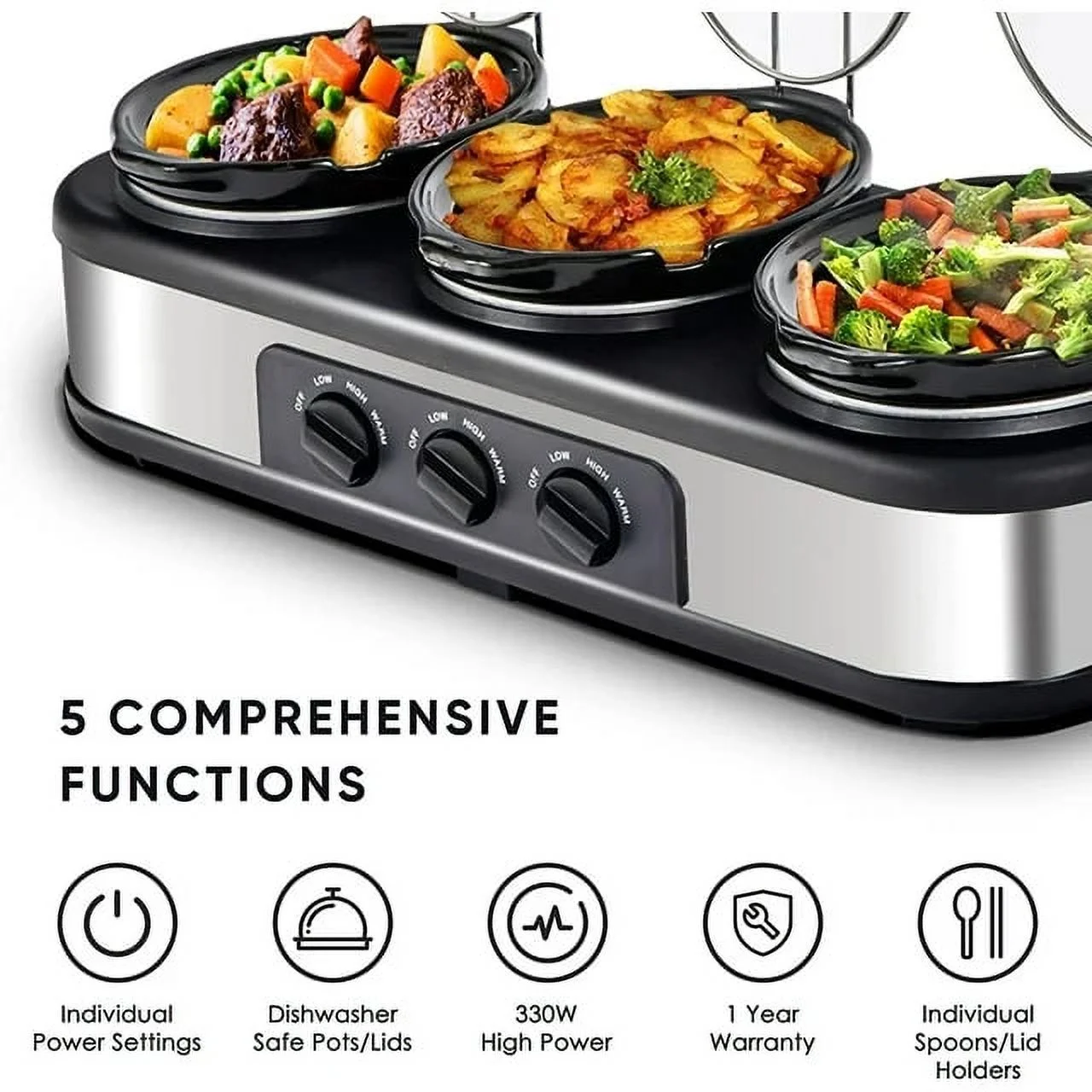 CozyHom 3-Pot Electric Slow Cooker, 4.5 Qt Food Warmer Pot with Adjustable Temp Removable Pots Lid Rests Pot, Black