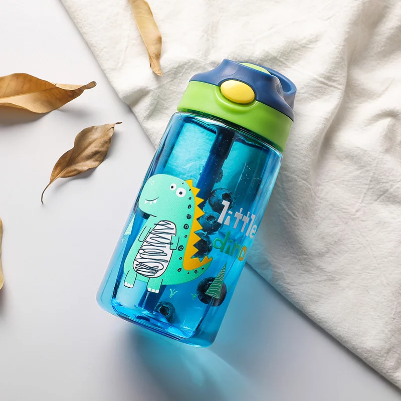 Kids Cleaning Water Bottle with Silicone Straw and Spill-proof Lid Dishwasher Safe, 16oz 2 Pack, Dinosaur