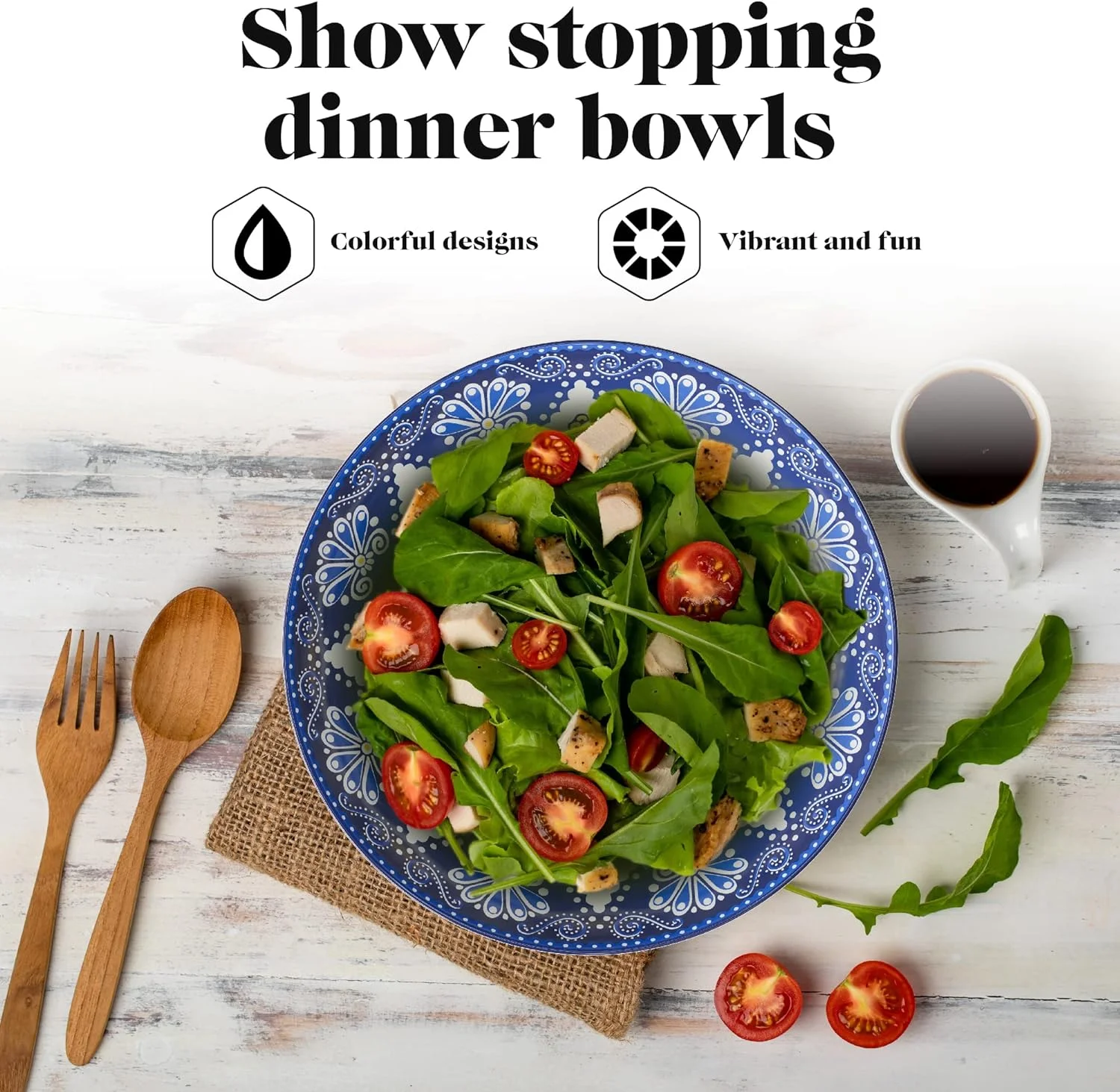 Pasa Bowls | Se Of 4 | Large, 9-Inch, Dinner Serving Plaes | Wide And Shallow Bowls Se For Pasa, Salad, Soup, Spaghei, Sews, Or Cereal | Blue & Yellow Medallion Moif