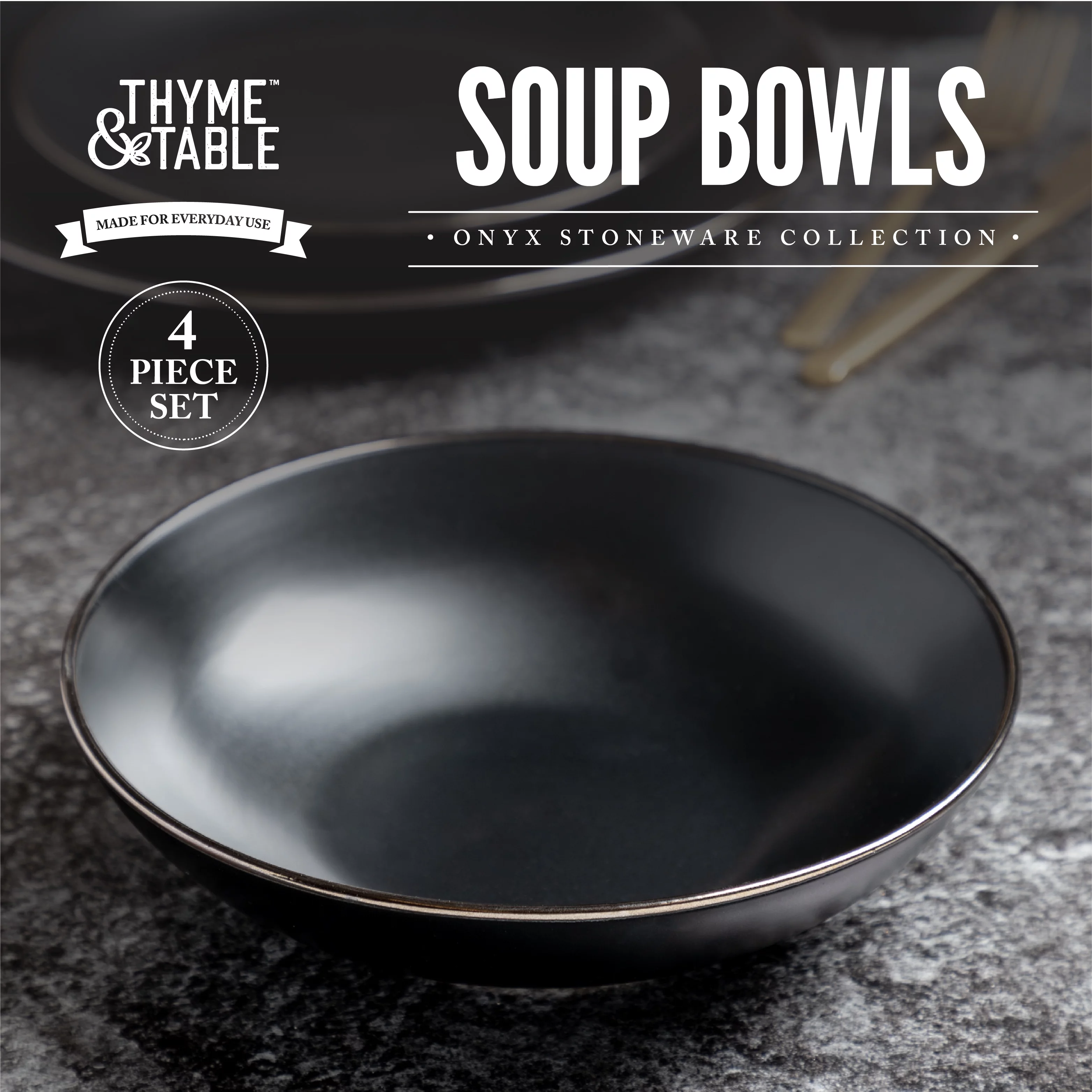 Thyme & Table Dinnerware Black Onyx Stoneware Round Bowls, 4 Pack