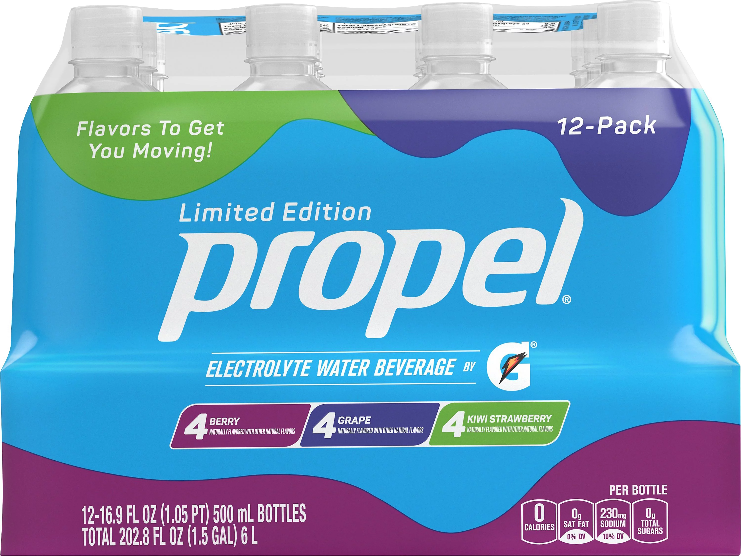 Propel, 3 Flavor Variety Pack, Zero Calorie Sports Drinking Water with Electrolytes and Vitamins C&E, 16.9 Fl Oz (12 Count)