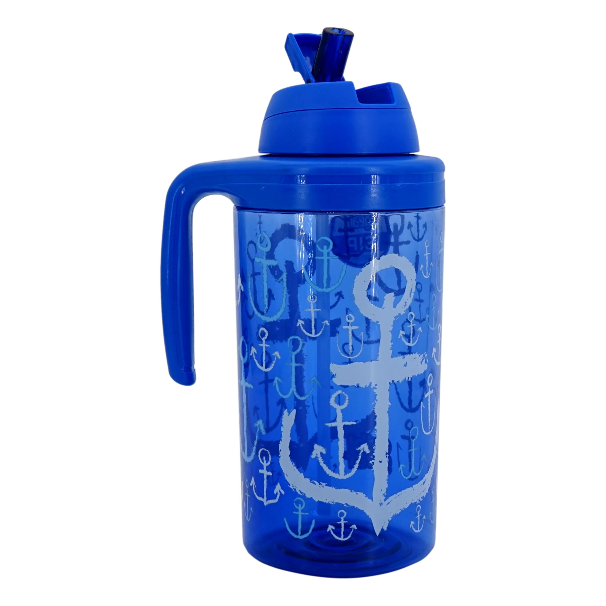 Hello Summer Hydration Bottle Blue Anchor, 62.5 oz Water Tumbler Flip Up Sip Straw Lid Handle BPA Free Dishwasher Safe