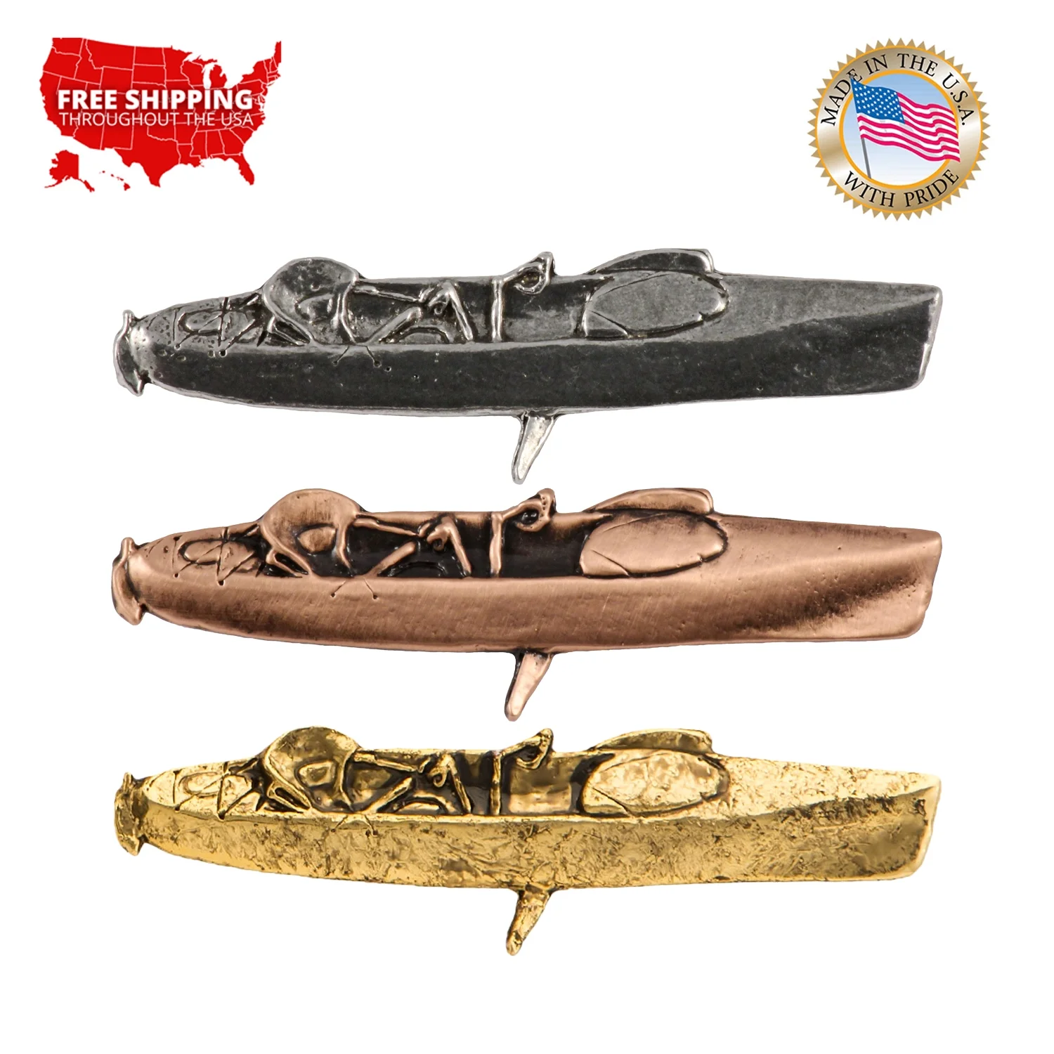 Hobie Fishing Kayak, Pewter, Hat, Lapel, Brooch, Pin, Pins, Made in USA, Over 50 Boating, Fishing Designs Available, Creative Pewter Designs. A018