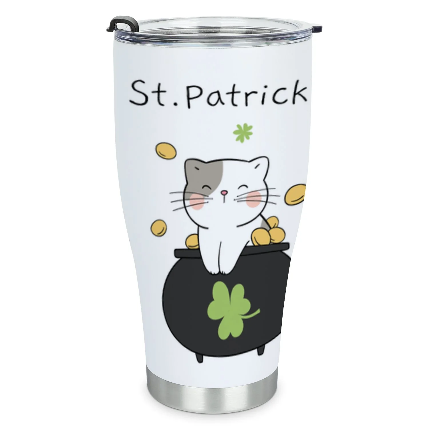 Hidove Stainless Steel Tumbler, Cute Cat for St Patrick Day Cartoon Style 30oz Leak Proof & Stainless Steel Bottle for Hot & Cold Drinks - Coffee Travel Mug, Water Metal Canteen, Thermal Cup