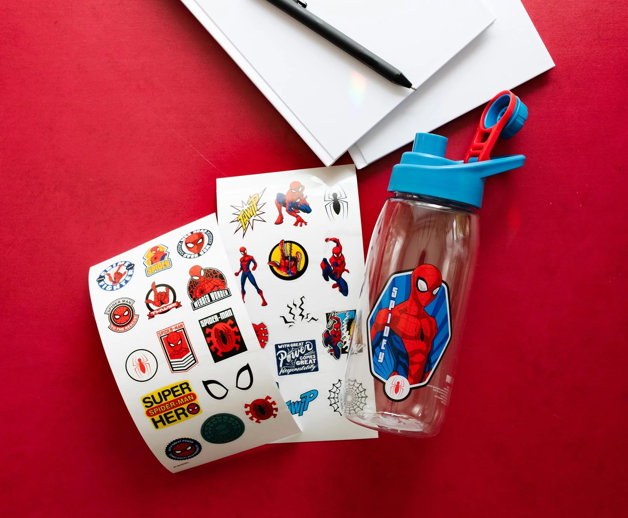 Marvel Comics Spider-Man Hinged Handle Plastic Water Bottle and Sticker Set