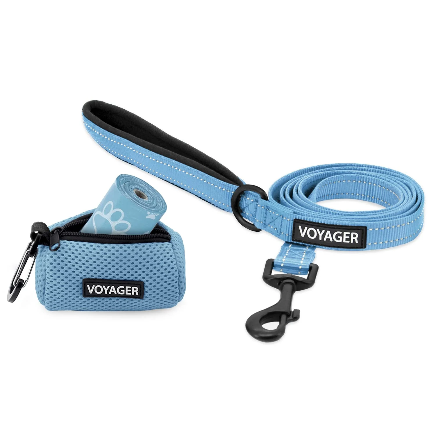 Voyager Reflective Dog Leash with Neoprene Handle, 5 FT. and Reusable Mesh Dispenser Poop Bag Holder Set for Travel, Walking, Park and Outdoor Use, Soft and Durable with Clip-On - Baby Blue