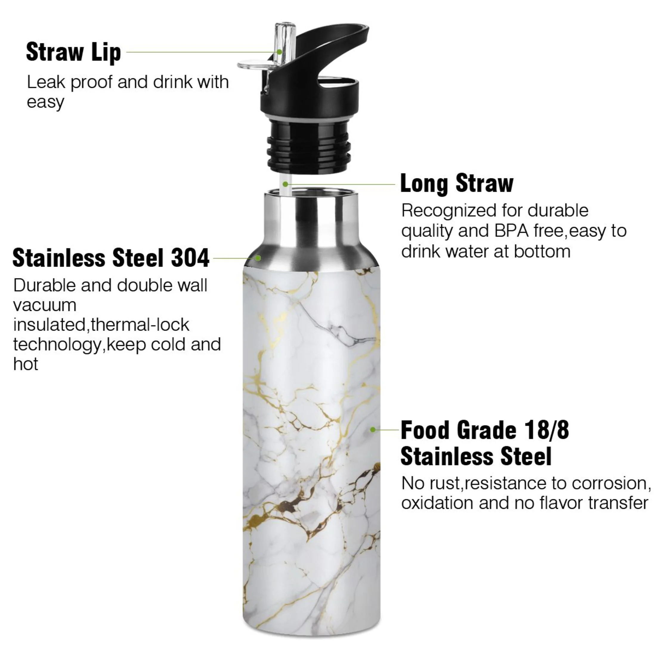 Water Bottle with Straw Lid Leak White and Gold Marble Stainless Steel Insulated Thermos Vacuum Flask for Cold Hot Drinking for Sports Camping Gym Yoga