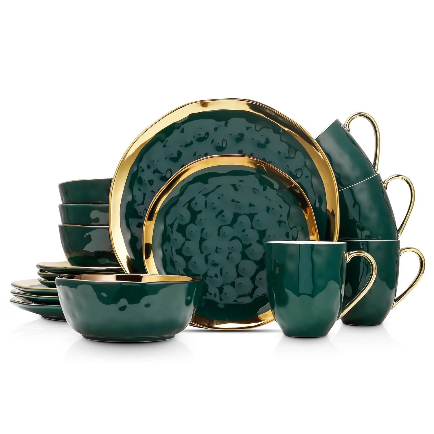 Stone Lain Florian Porcelain 16-Piece Dinnerware Set, Service for 4, Green and Golden Rim