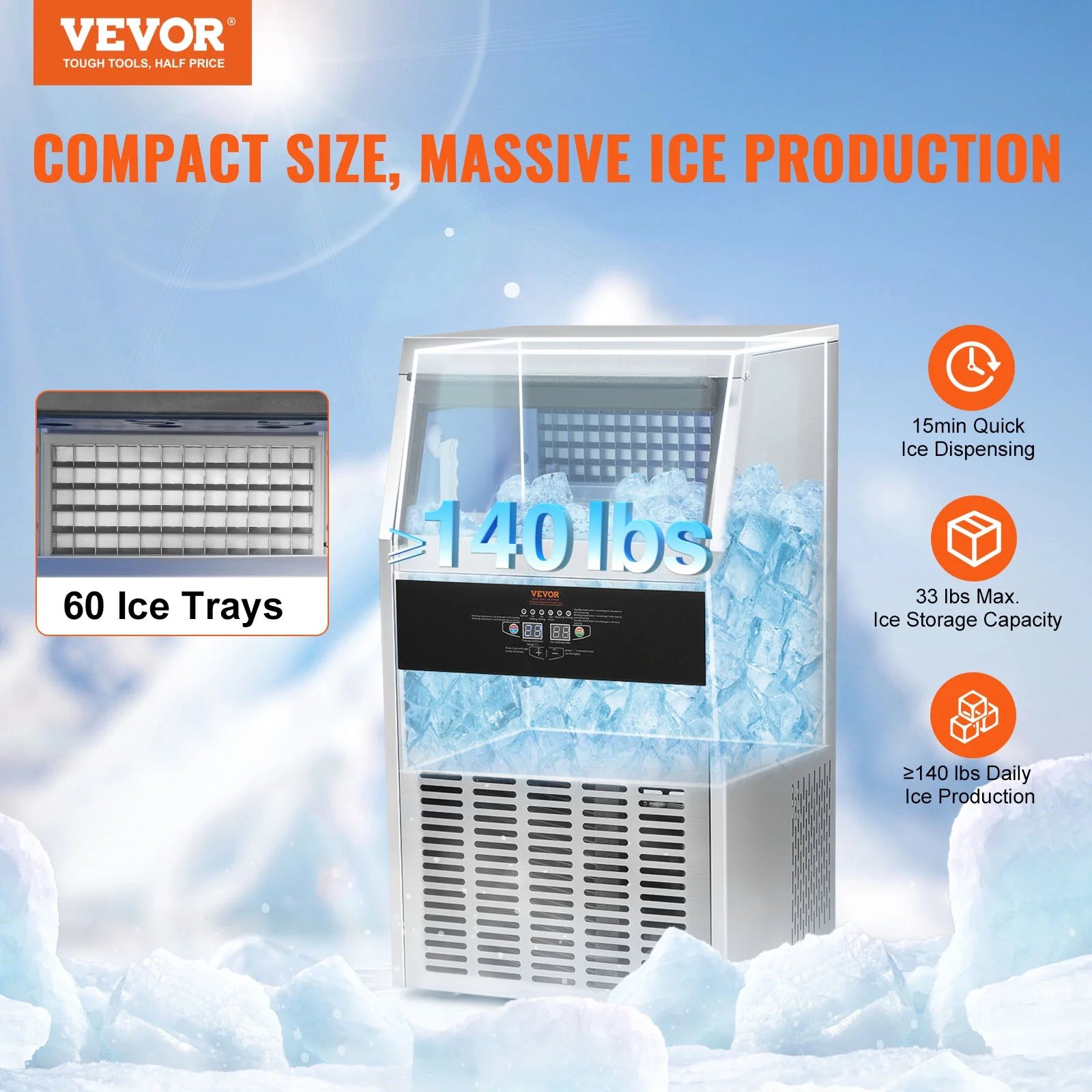 SKYSHALO Commercial Ice Maker Freestanding Cabinet Machine 140lbs/24H 60 Ice Cubes