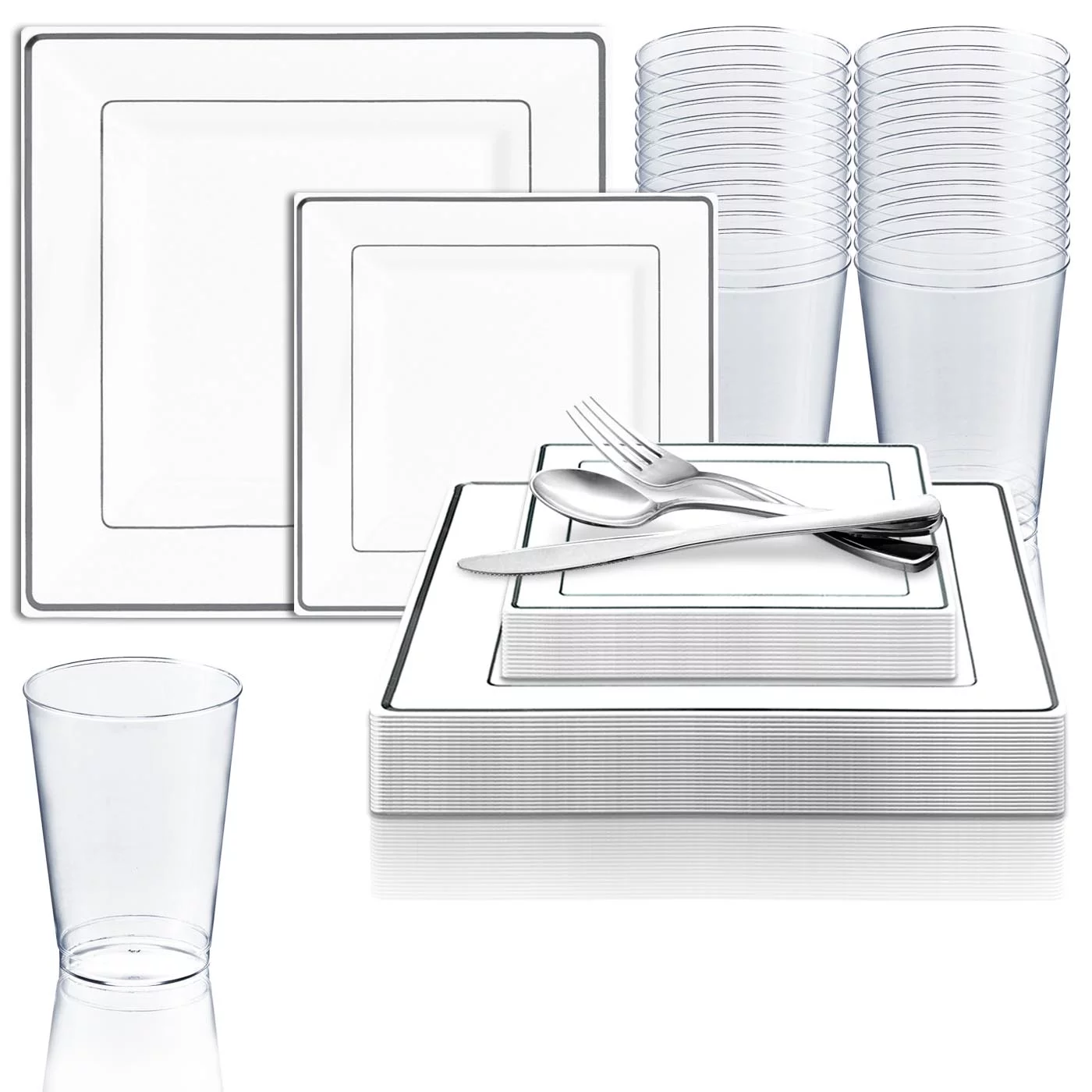 Smarty White w/ Silver Square Edge Plastic Wedding Value Set (120 Guests)