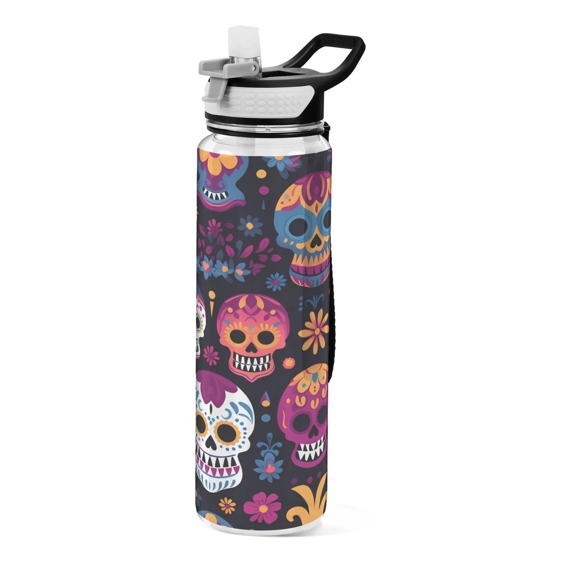 Colorful Skeletons Skulls 32oz Water Bottles with Straw Tritan Leakproof Sports Bottle BPA Free Clear for Fitness Gym Swimming Cycling