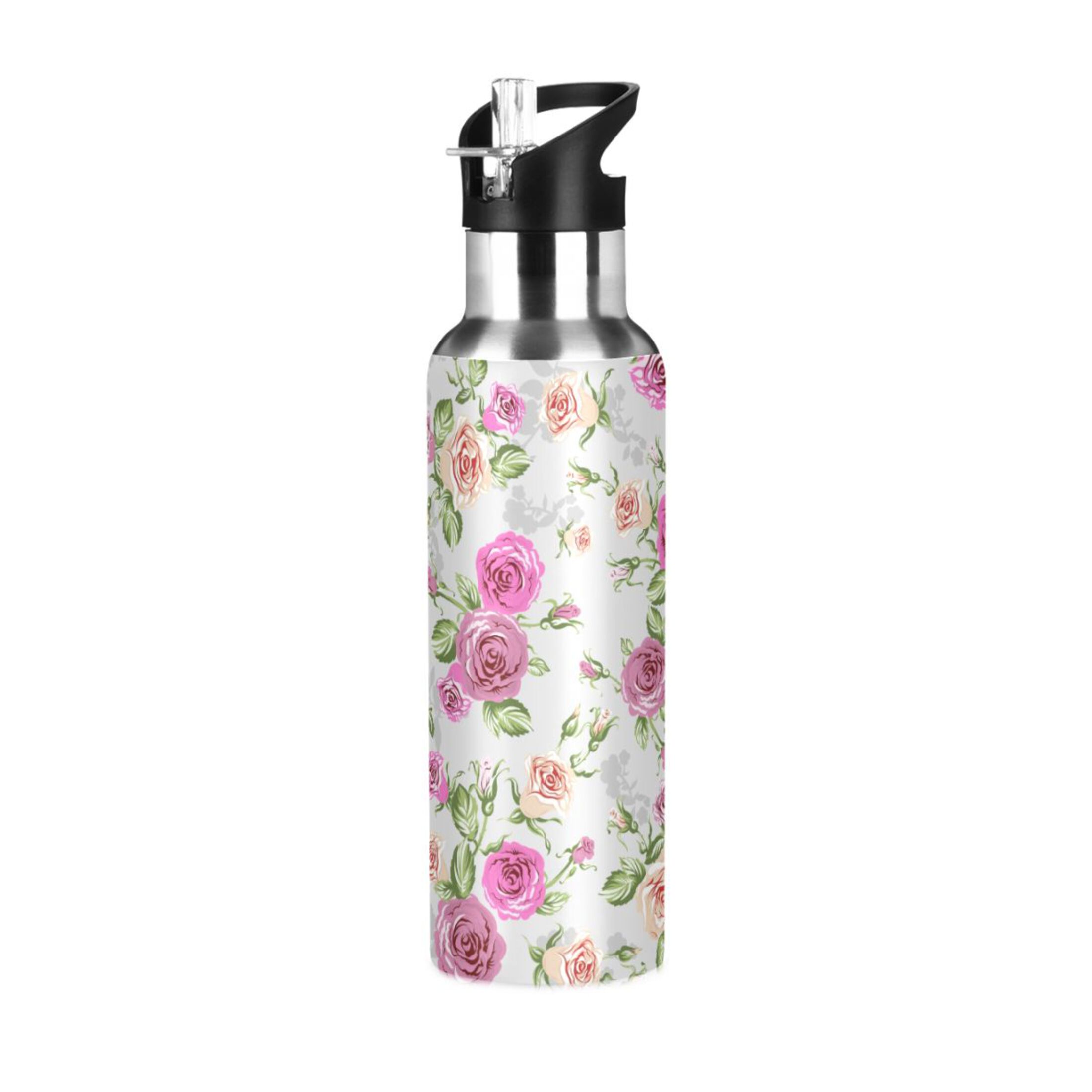 Pink Rose Green Leaves Water Bottles Insulated Thermos Kids Stainless Steel Bottle with Straw Lid Flask Leakproof for Sports Gym 20 oz