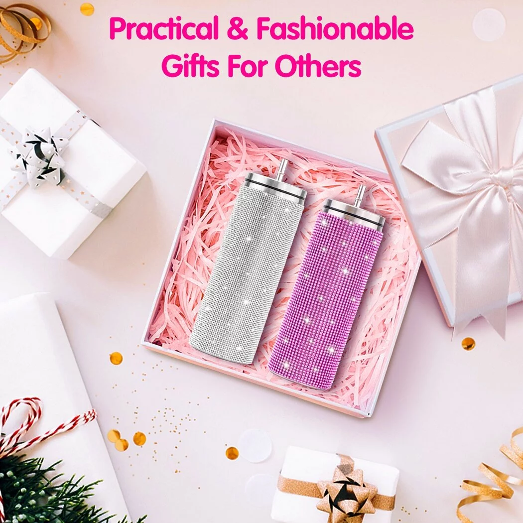 2 PCS Rhinestone Insulated Bottles, 600 ML Glitter Diamond Bottles with Lids And Straws, Rhinestone Tumblers, Stainless Steel Glitter Thermal Water Bottles