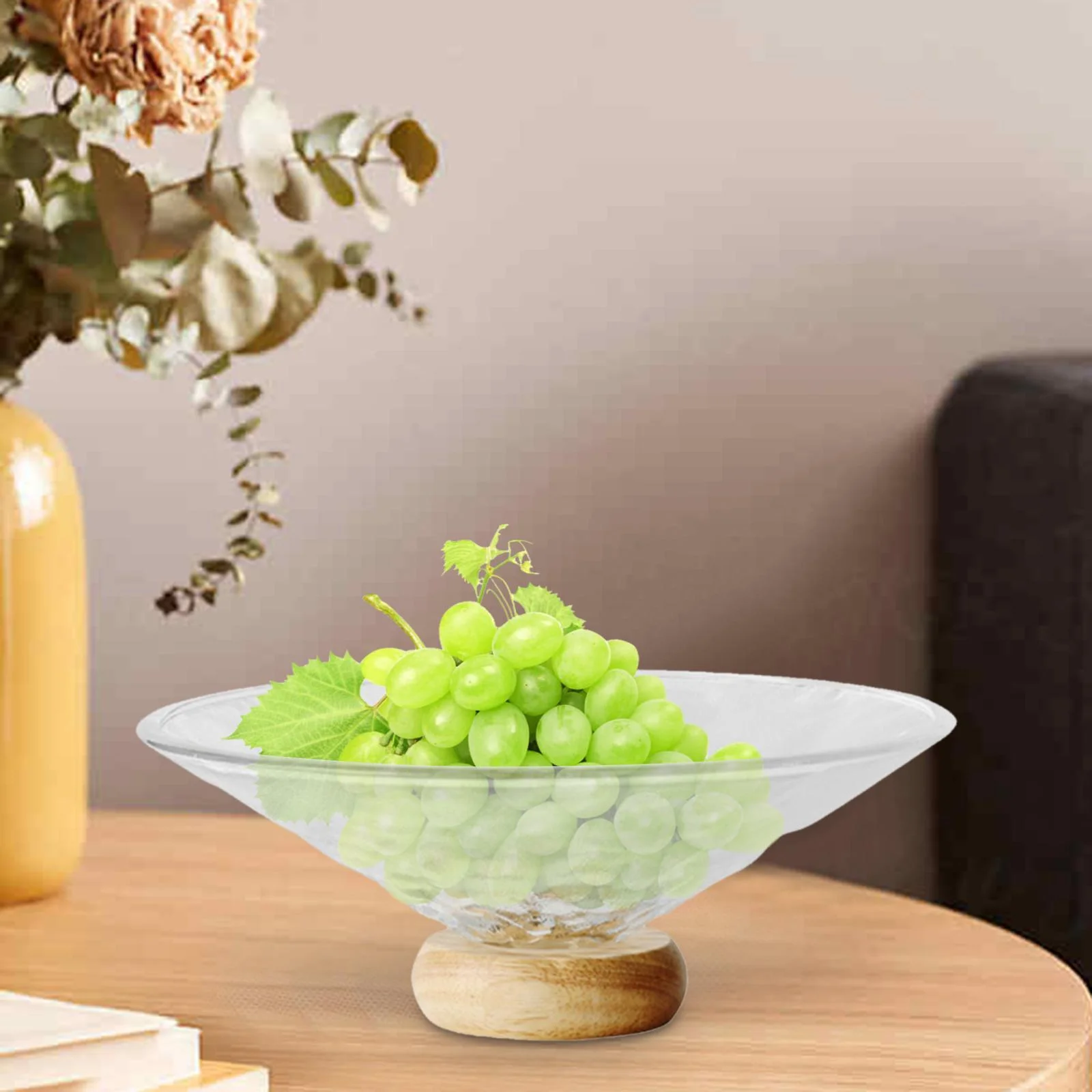 perfk Decorative Pedestal Bowl Kitchen Countertop with Wood Base Fruit Dish Holder water