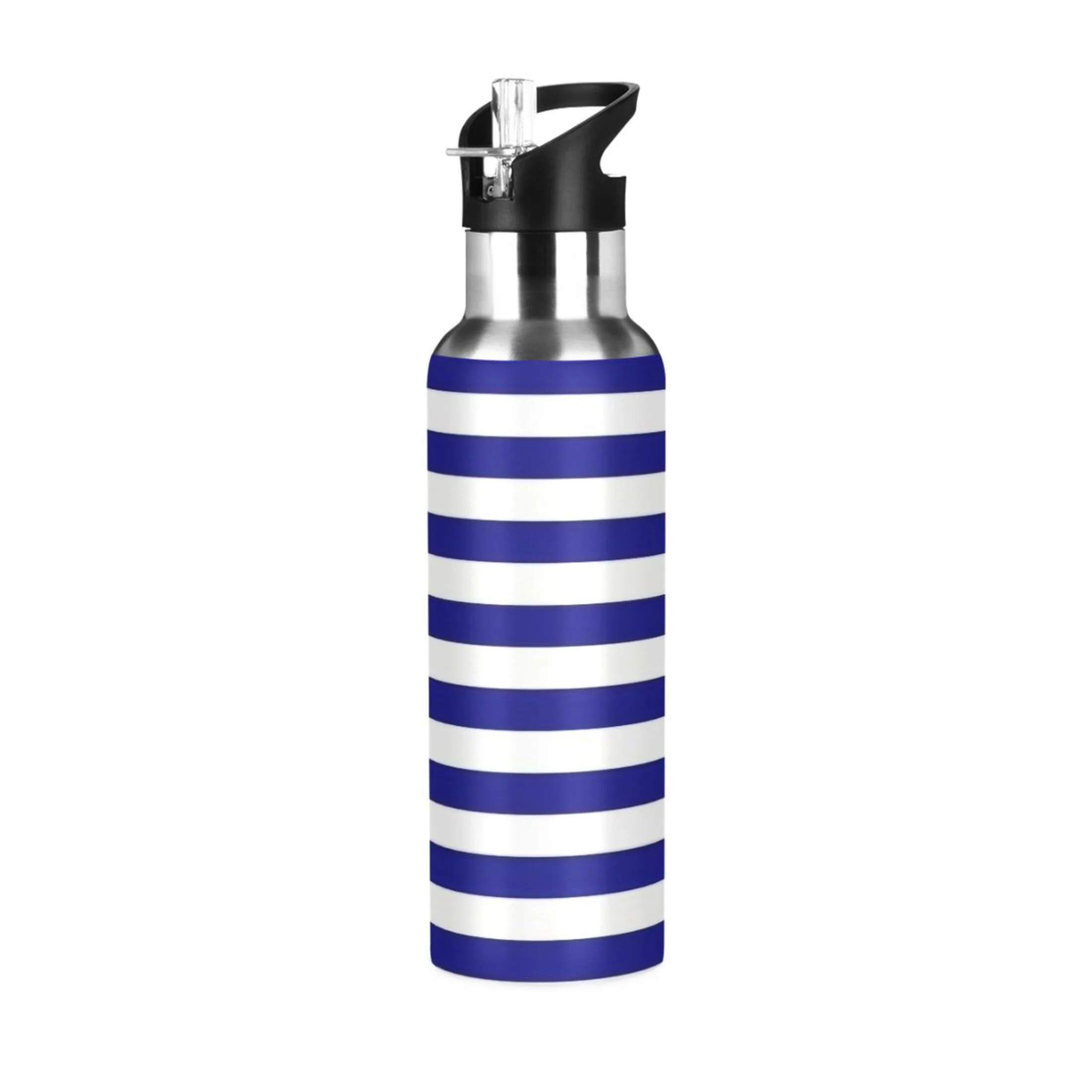 Stainless Steel Water Bottle Blue White Stripes with Straw Lid Vacuum Insulated Leak Proof Flask Jug for Gym Travel Sports Cycling Outdoor 20 OZ