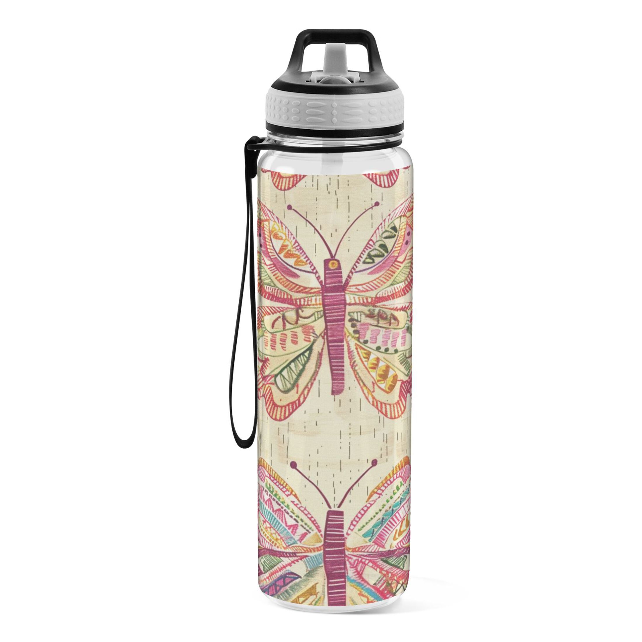 Butterfly Retro Style 32oz Sports Water Bottles Leakproof Tritan Bottle with Straw BPA Free Clear Bottle for Fitness Gym Outdoor Cycling