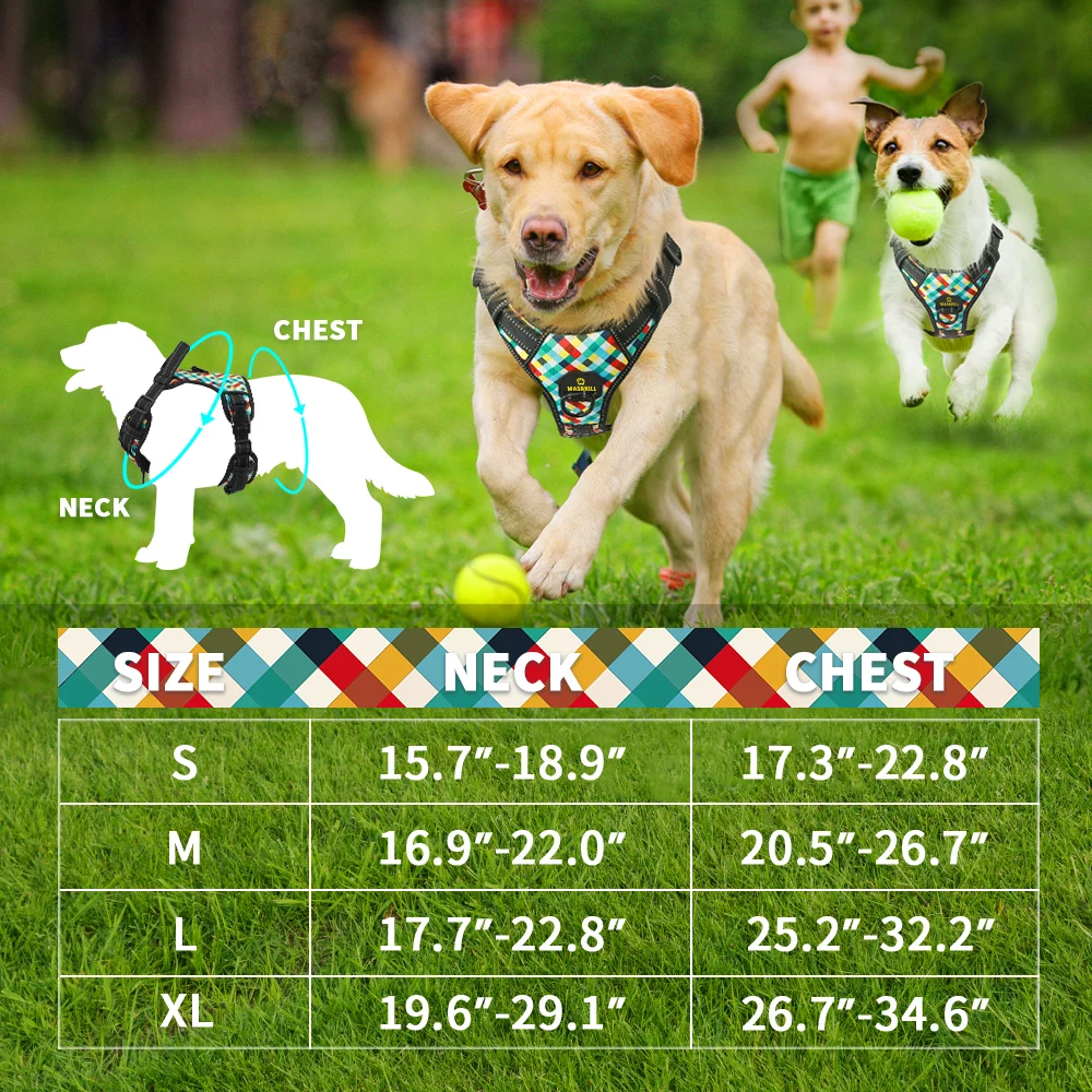 MASBRILL No Pull Dog Harness, Reflective Dog Vest with Handle No Choke Soft Padded Dog Harness for Small Dog-Plaid-S