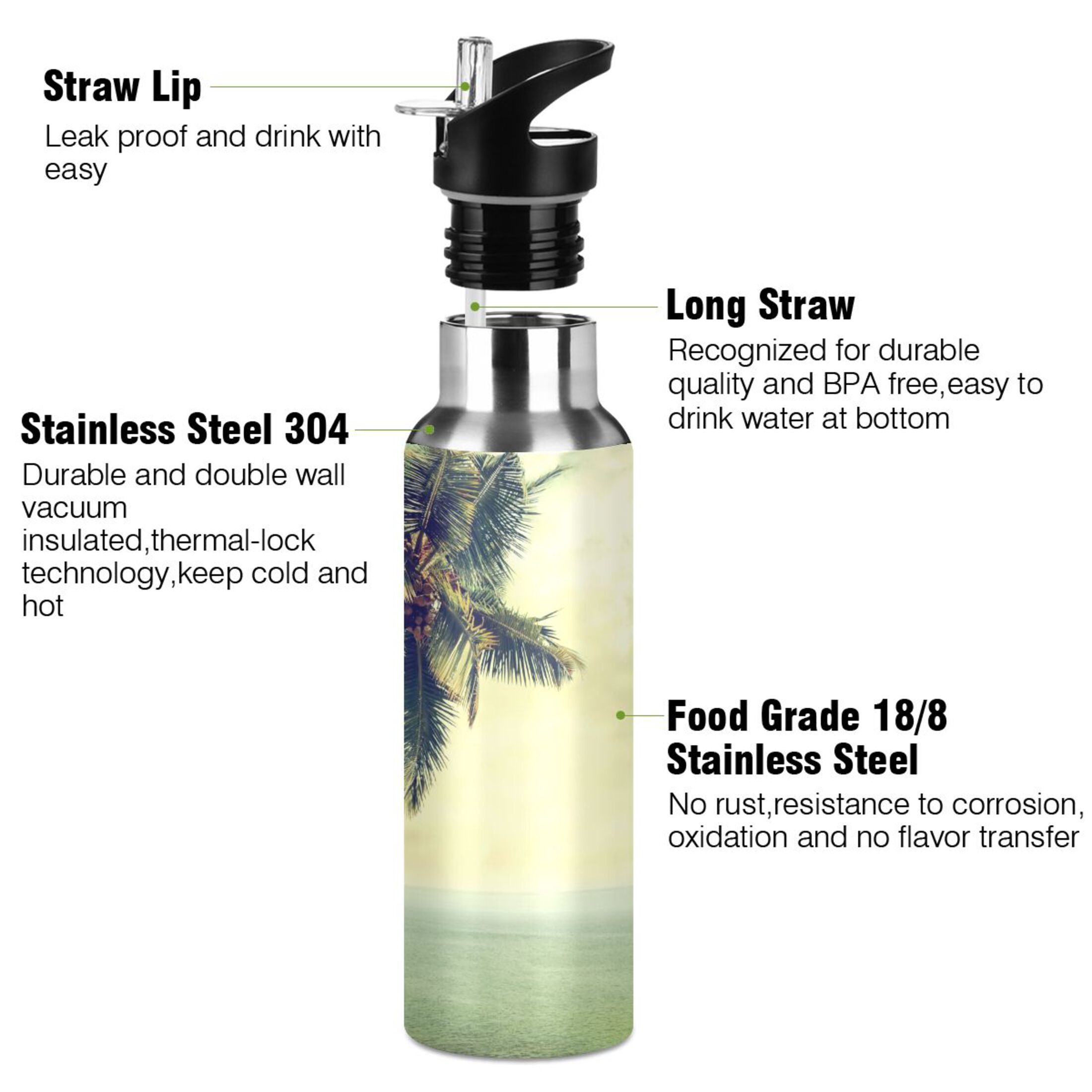 Retro Palm Tree and Sea Water Bottles Insulated Thermos Kids Stainless Steel Bottle with Straw Lid Flask Leakproof for Sports Gym 20 oz