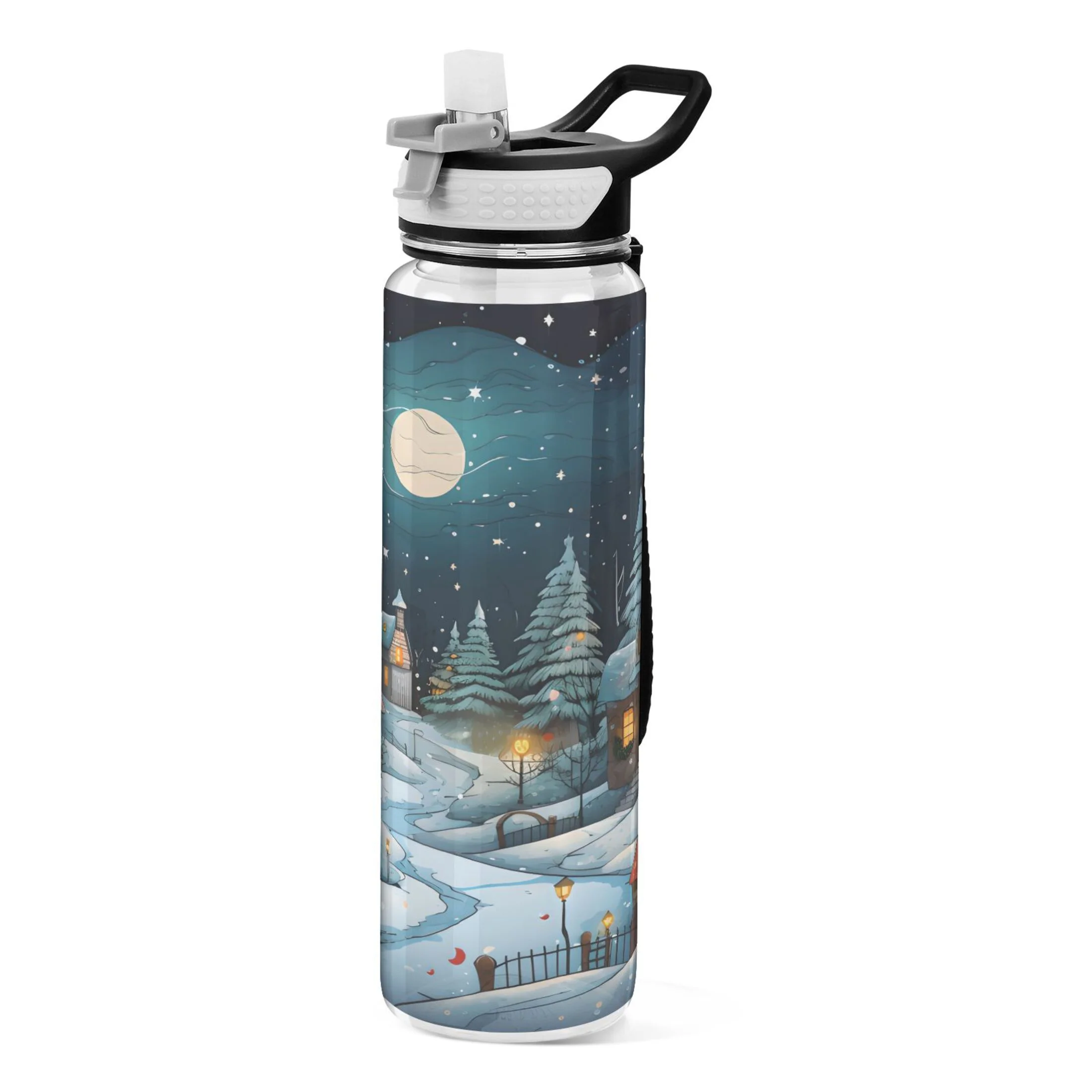 Winter Houses and Moon 32oz Water Bottles with Straw Tritan Leakproof Sports Bottle BPA Free Clear for Fitness Gym Swimming Cycling