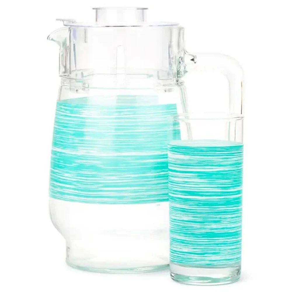 Bedside Water Pitcher for Kitchen Highball Glass Brush Mania Green Drinkware Set of 7 for 6 pers. 1.7-qt. (1.6 L) Glass Pitcher with Lid Water Jug Lemonade Jug