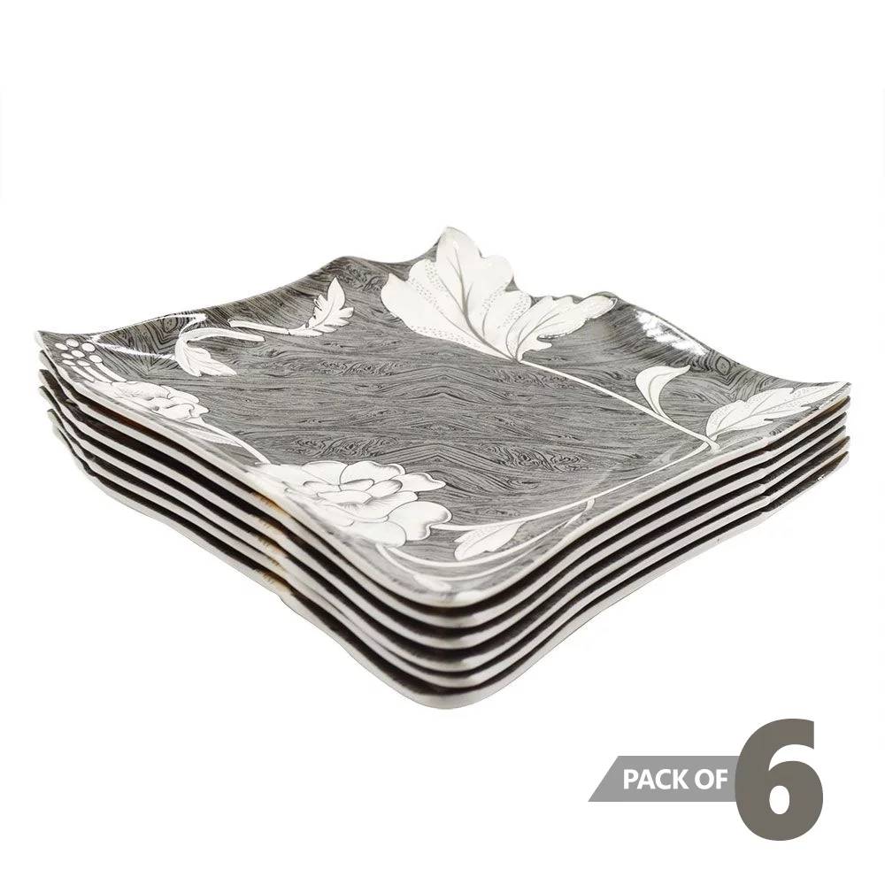 Crown Collections CC608-96 9 Inch Dinnerware Square Shaped Elegant Melamine Plates (Gray Floral) - 6 Pcs/Set