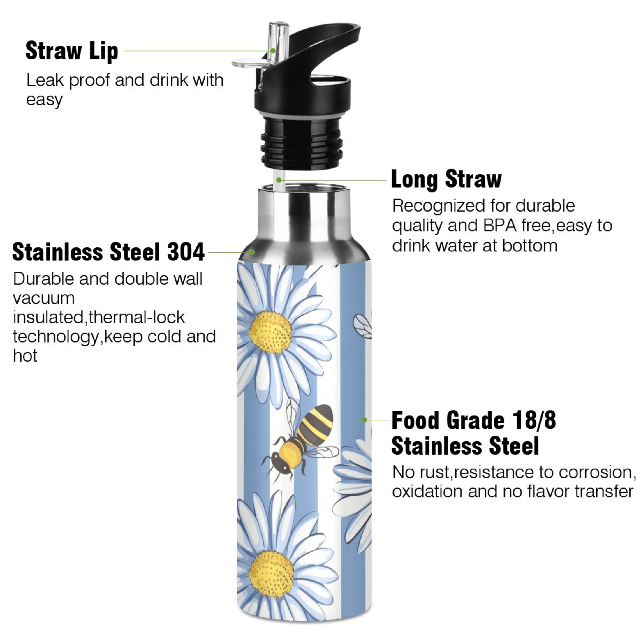 Bee Flowers with Line Water Bottles Insulated Thermos Kids Stainless Steel Bottle with Straw Lid Flask Leakproof for Sports Gym 20 oz