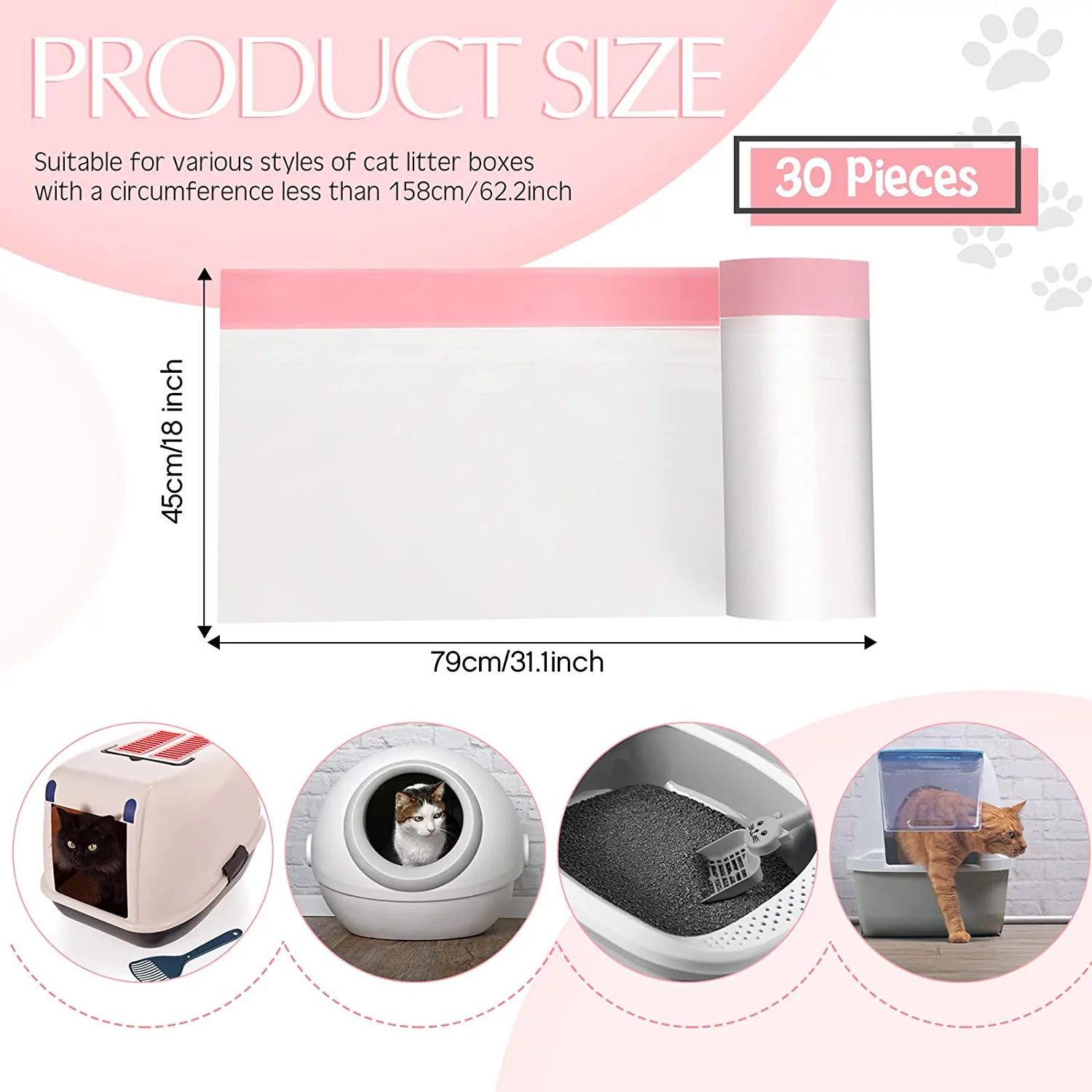 Home Times 30-Count 31 x 18 in Large Cat Litter Box Liners With Drawstring Kitty Litter Pan Box Liners Heavy Duty Cat Litter Bags Thick Cat Litter Box Liners Kitty Litter Bags