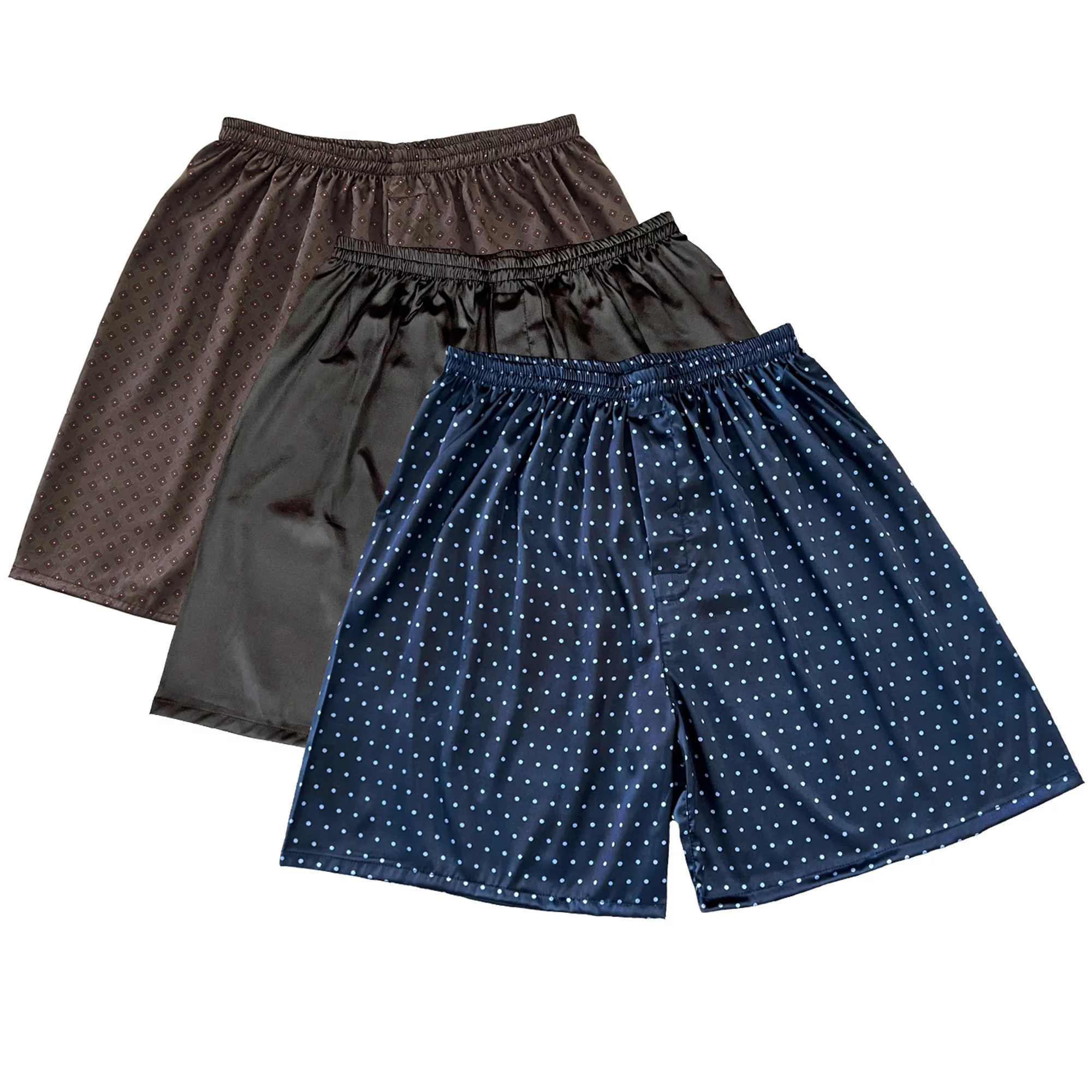 Tony & Candice Men's Satin Boxers Shorts Combo Pack Underwear (Large, Chestnut + Black + Navy Blue Polka Dot 3-Pack)