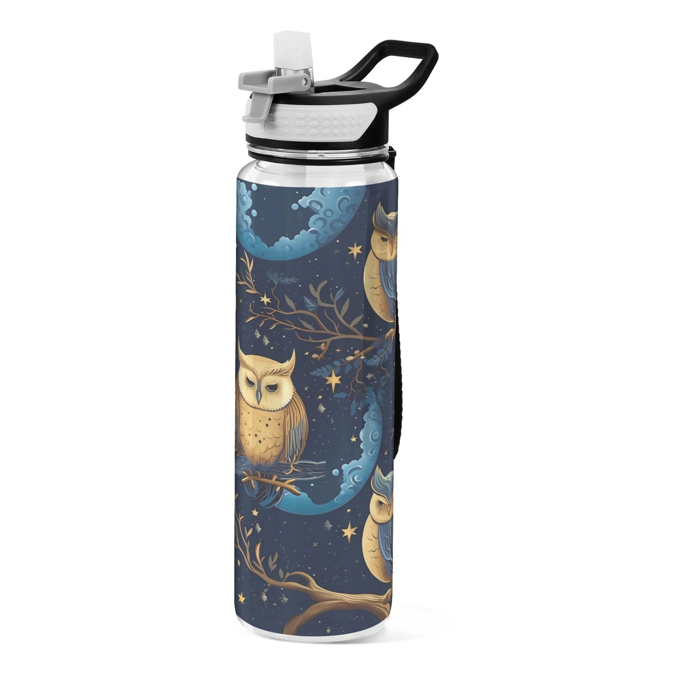Retro Owls on Trees 32oz Water Bottles with Straw Tritan Leakproof Sports Bottle BPA Free Clear for Fitness Gym Swimming Cycling