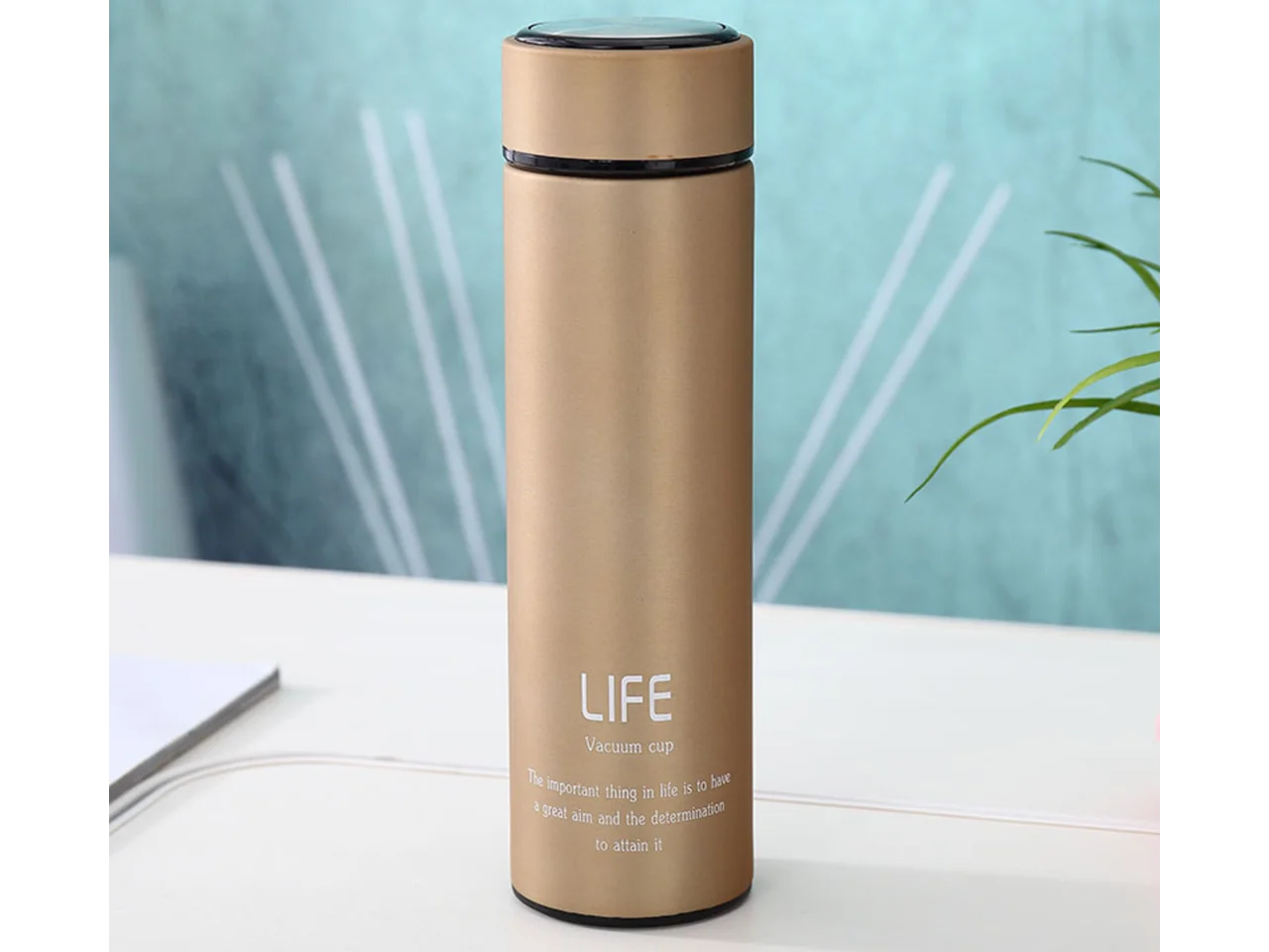 LIFE Vacuum Insulated Stainless Steel Water Bottle Double Walled Thermos with Lanyard Frosted Matte Flask(Gold)