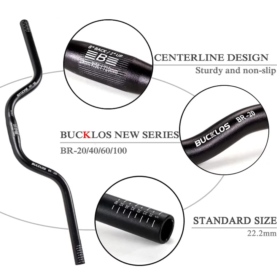 BUCKLOS Mountain Bike Handlebars 25.4mm Rise 20/40/60/100mm Aluminum Alloy MTB Riser Handlebars