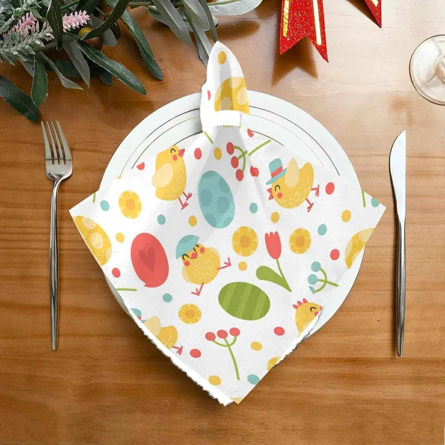 Dreamtimes Easter Cloth Napkins 4PCS,Cute Chick Easter Colorful Eggs Spring Flower Leaves Soft and Skin Friendly Dinner Napkins Washable for Dinner, Hotel,Reunion,BBQ Party