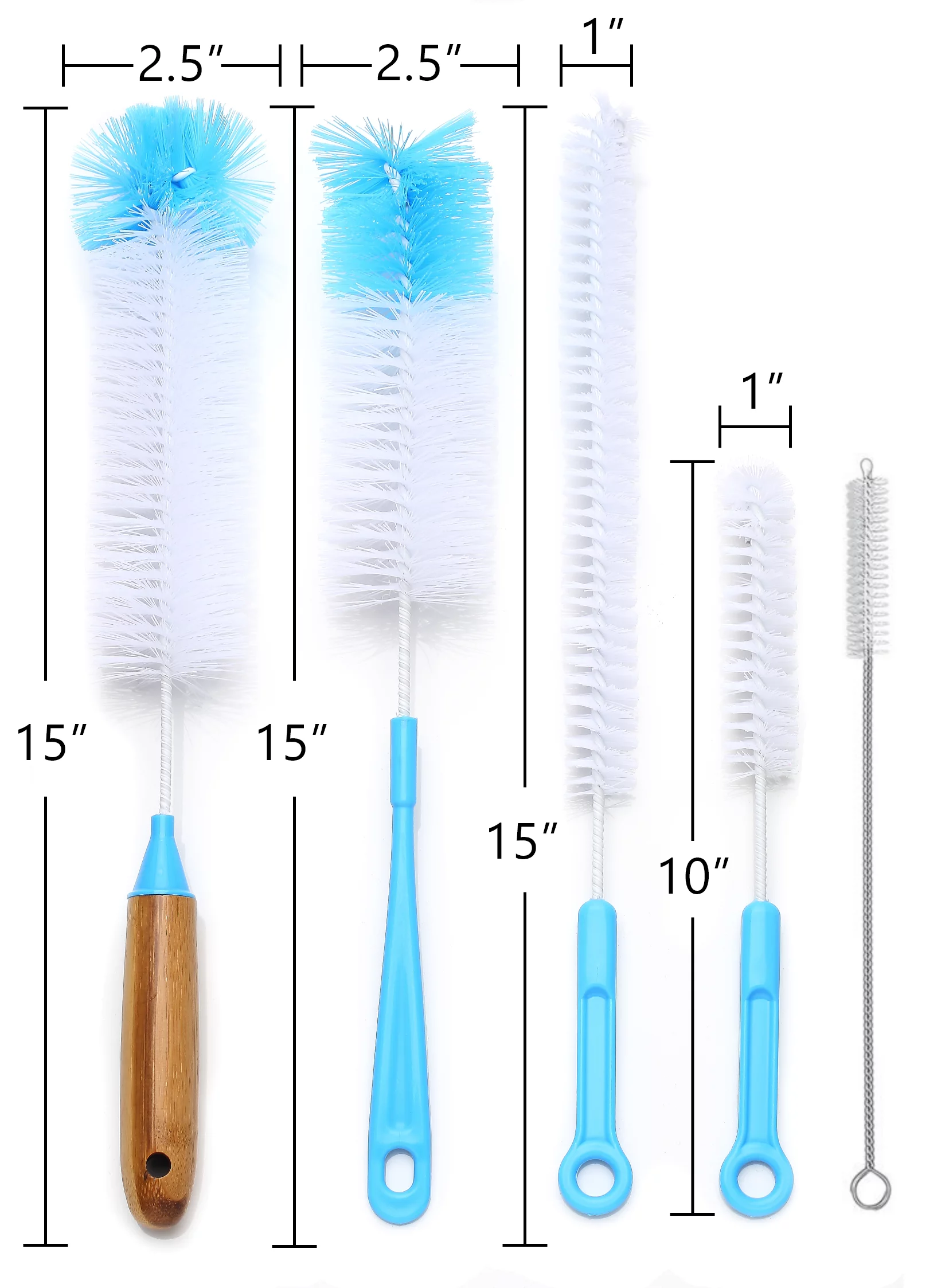Bottle Brush 5 Pack Cleaner Set - Straw Cleaning Brush & Long Water Bottle Scrub Brushes for Washing Baby Bottles, Tumblers, Pipes, Kitchen & Beer Brewing