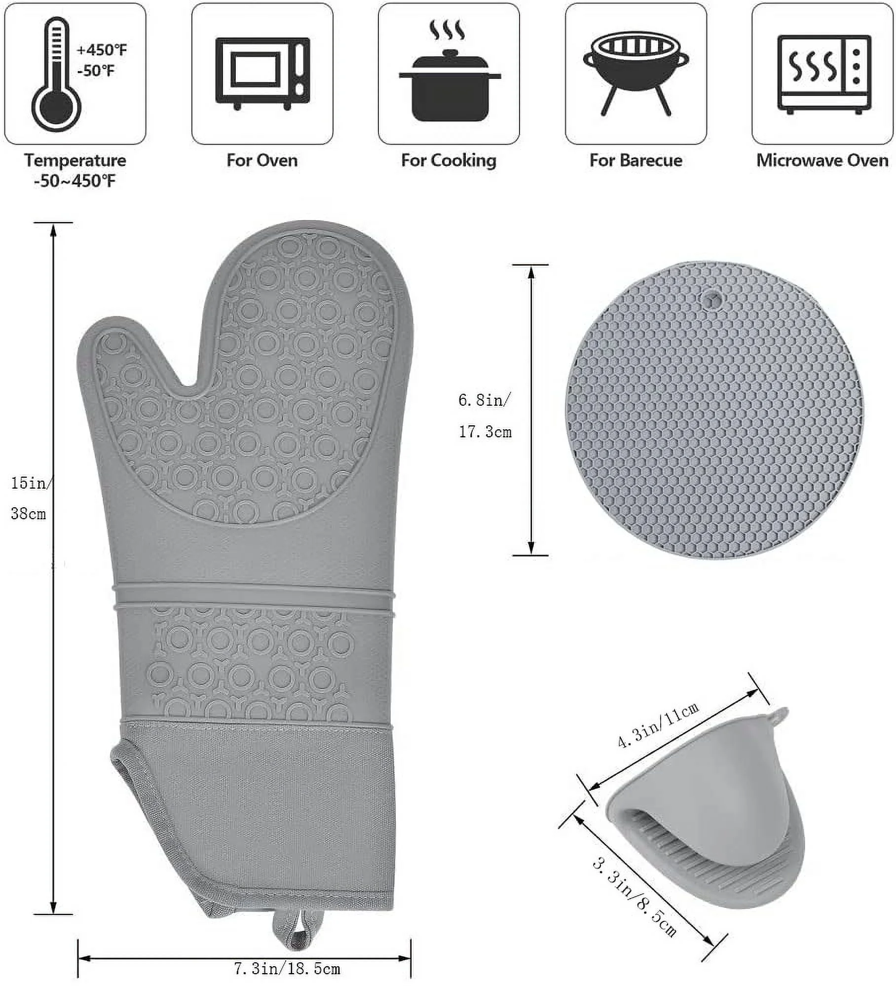 Oven Mitts and Pot Holders 6pcs Set, Heat Resistant Silicone Waterproof Extra Long Oven Gloves with Hot Pads and Mini Oven Mittens for Kitchen Baking Cooking, Quilted Liner, Gray