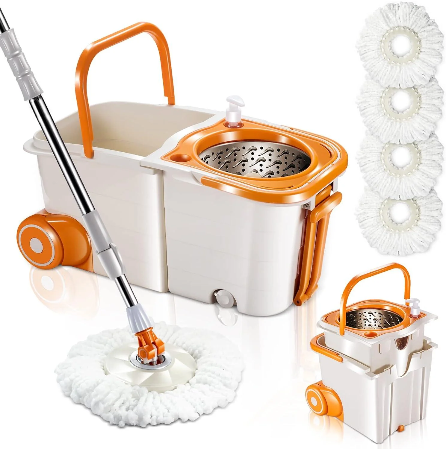 Masthome Spin Mop and Bucket System with Wringer, Separates Dirty and Clean Water, 4 Microfiber Pads