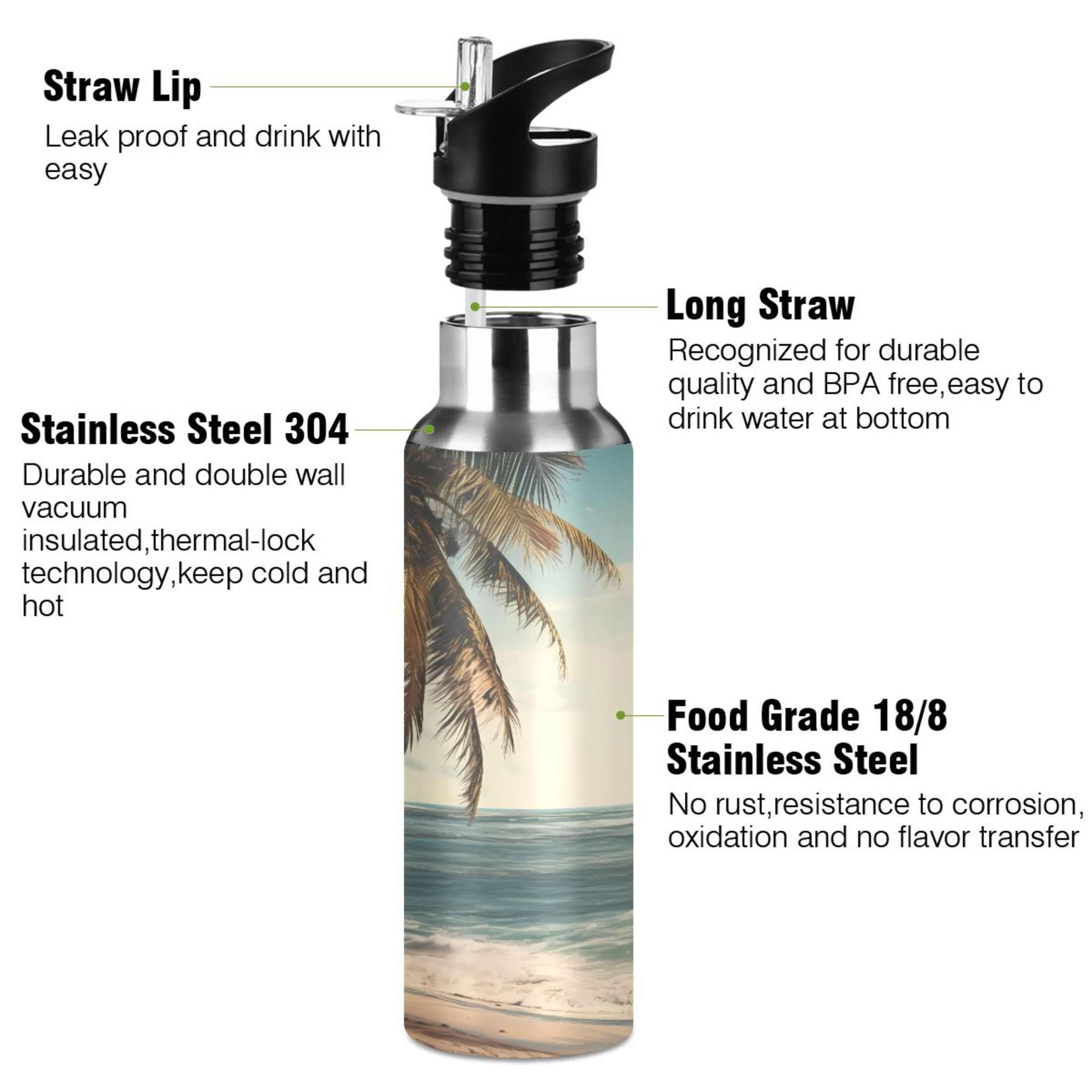 Palm Tree Retro Beach Water Bottles Insulated Thermos Kids Stainless Steel Bottle with Straw Lid Flask Leakproof for Sports Gym 20 oz